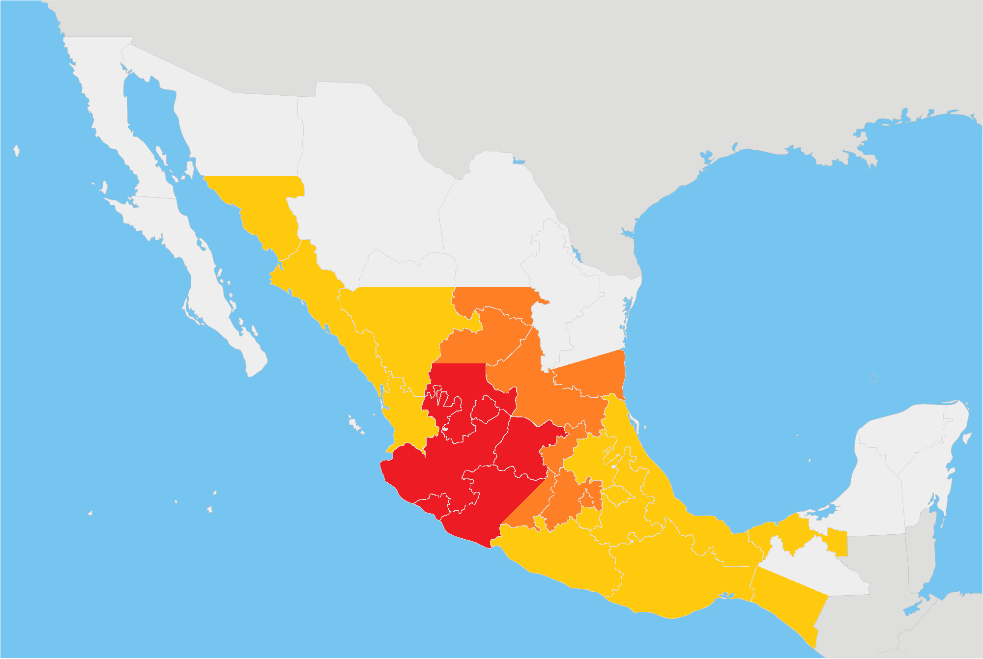 Mapa de actividad cristera por estado, República Mexicana, 1926-1929