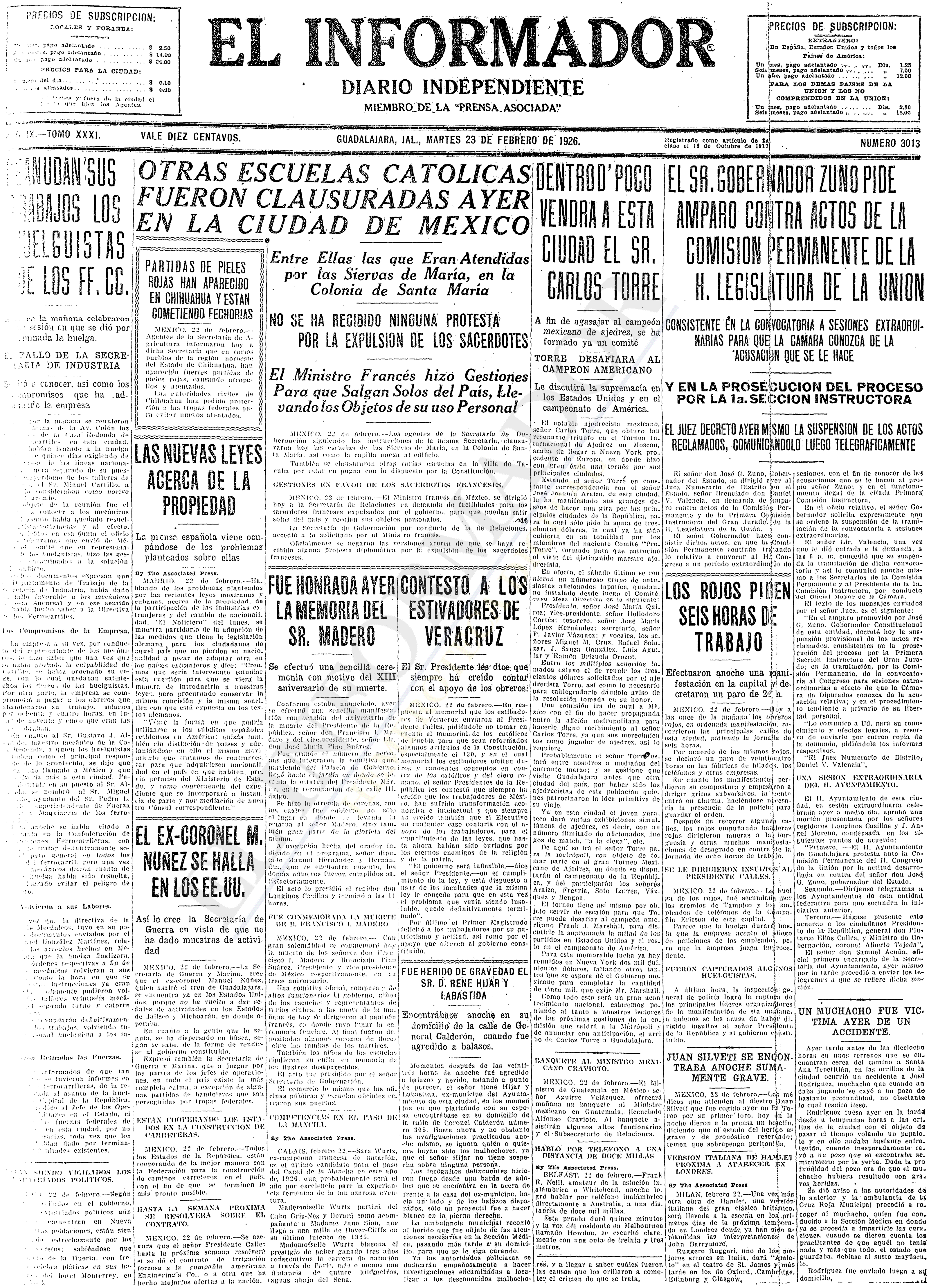 Primera plana de El Informador, 23 de febrero de 1926