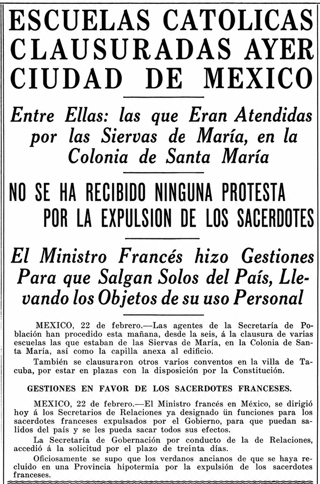 Versión legible del recorte Escuelas católicas clausuradas