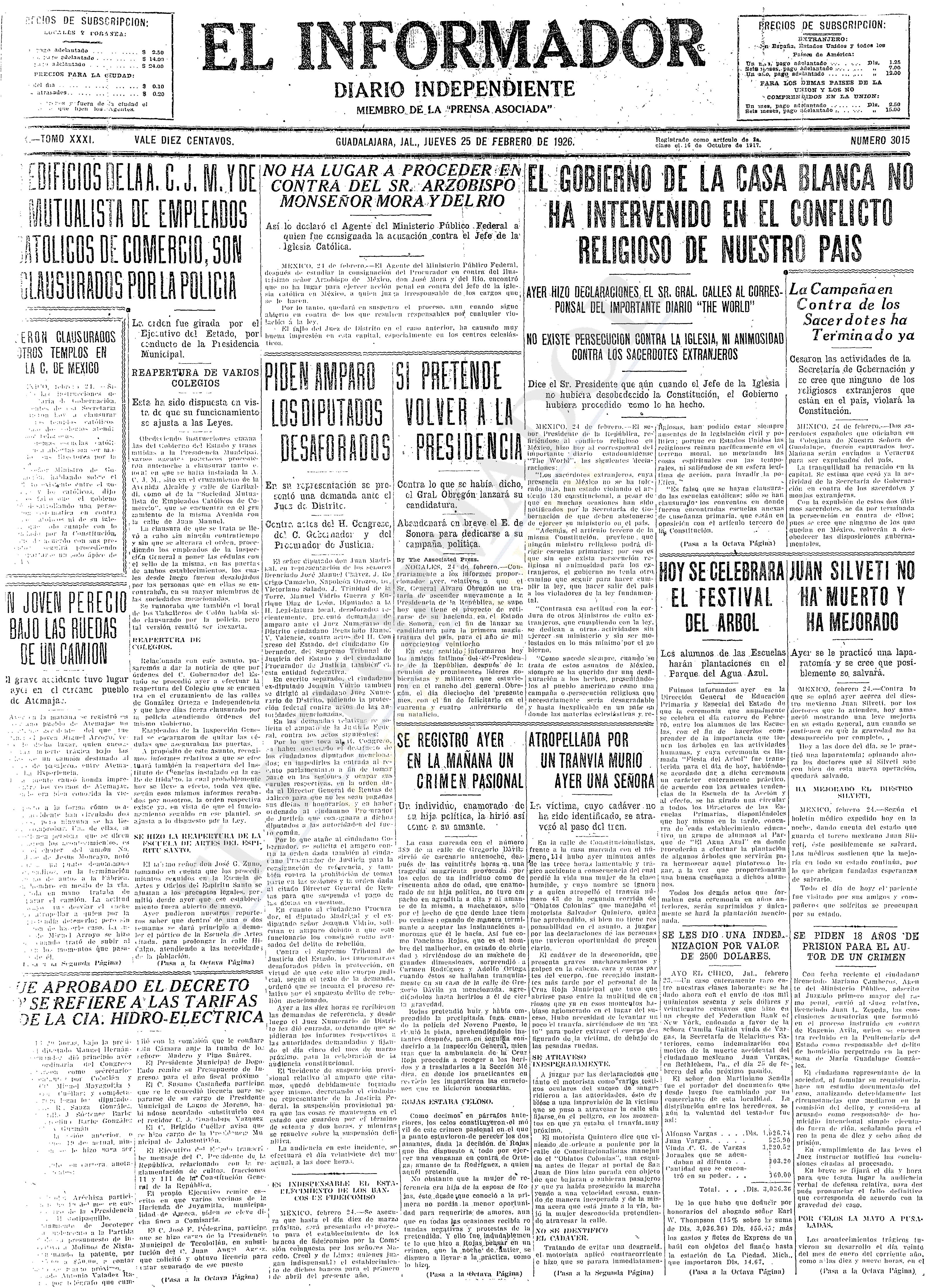 Primera plana de El Informador, 25 de febrero de 1926