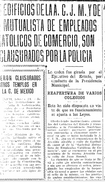 Recorte: Clausurados edificios de la A.C.J.M. y de la Mutualista de Empleados Católicos de Comercio, 25 de febrero de 1926