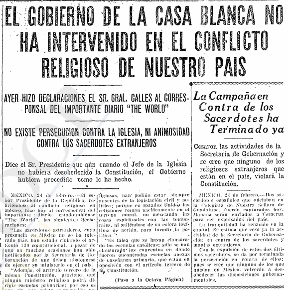 Recorte: El gobierno de la Casa Blanca no ha intervenido en el conflicto religioso, parte 1 de 2, 25 de febrero de 1926