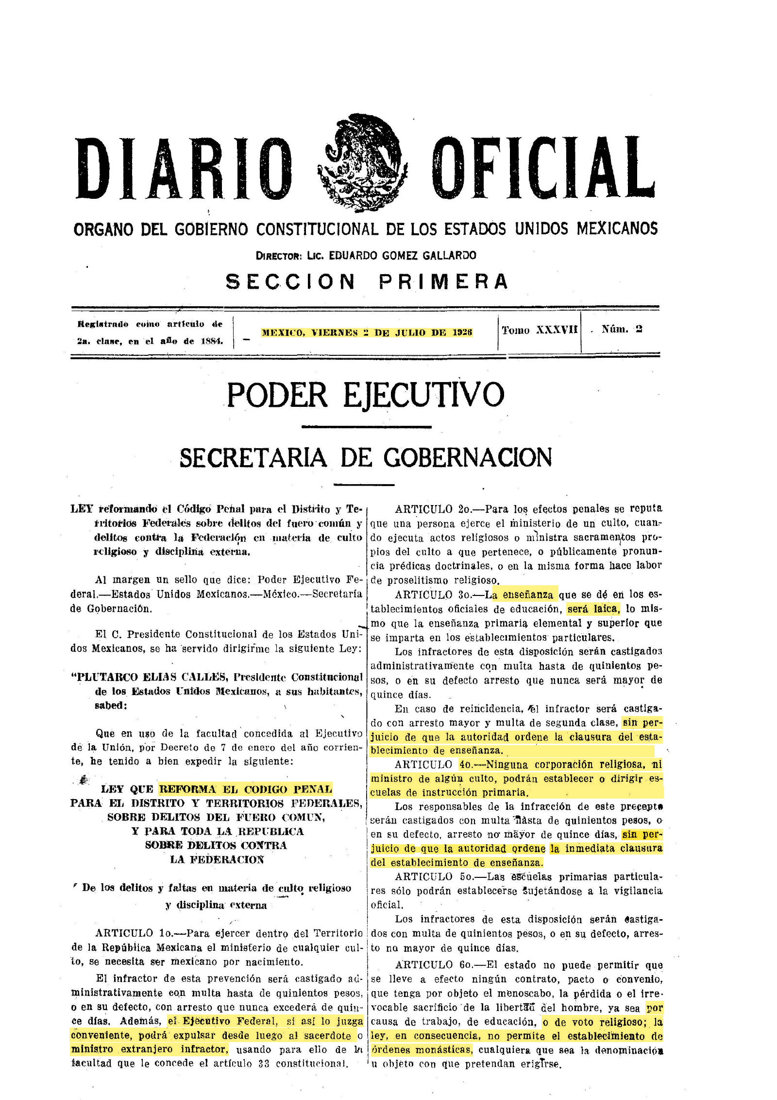 Primera página del Diario Oficial, 2 de julio de 1926