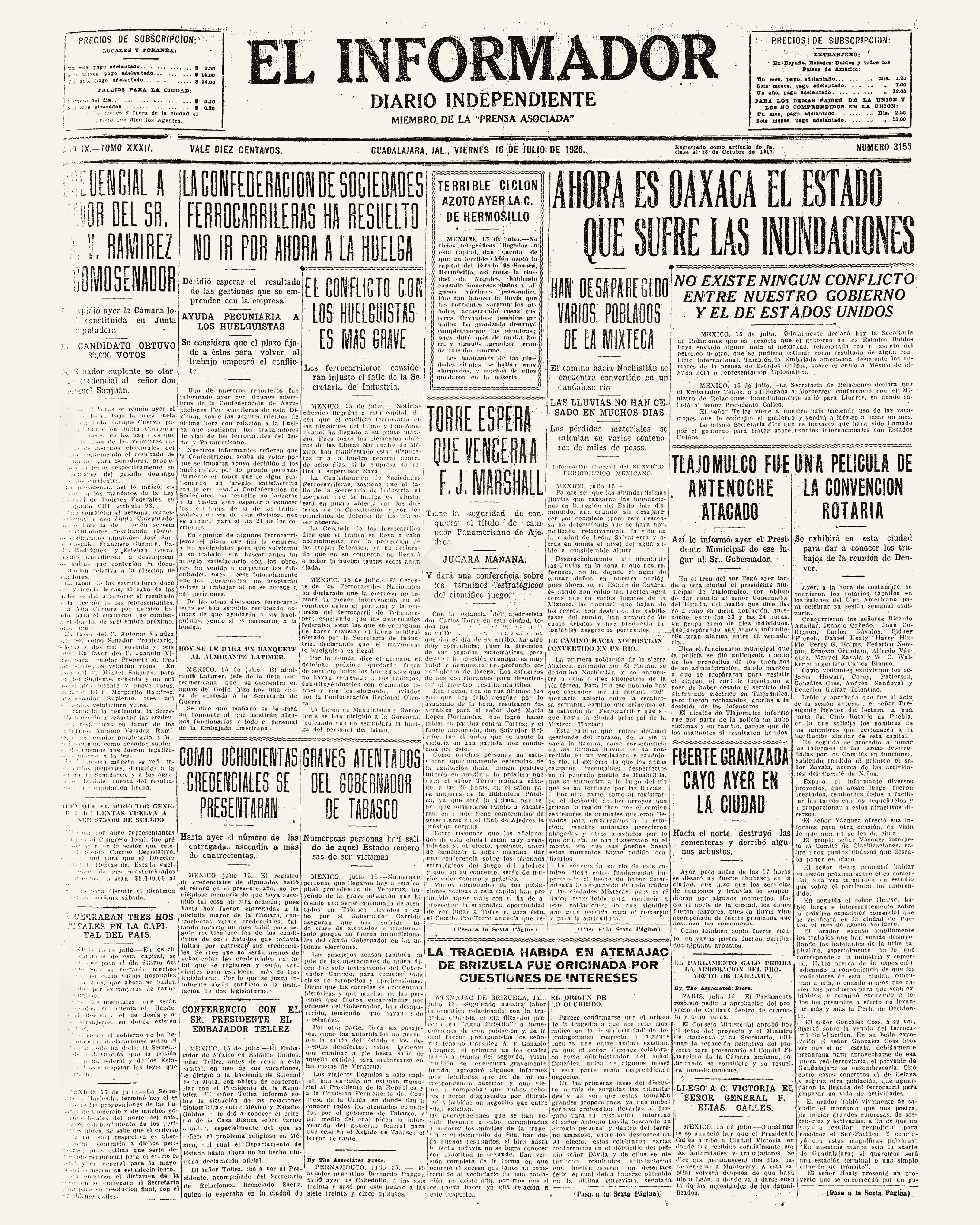 Primera plana de El Informador, 16 de julio de 1926
