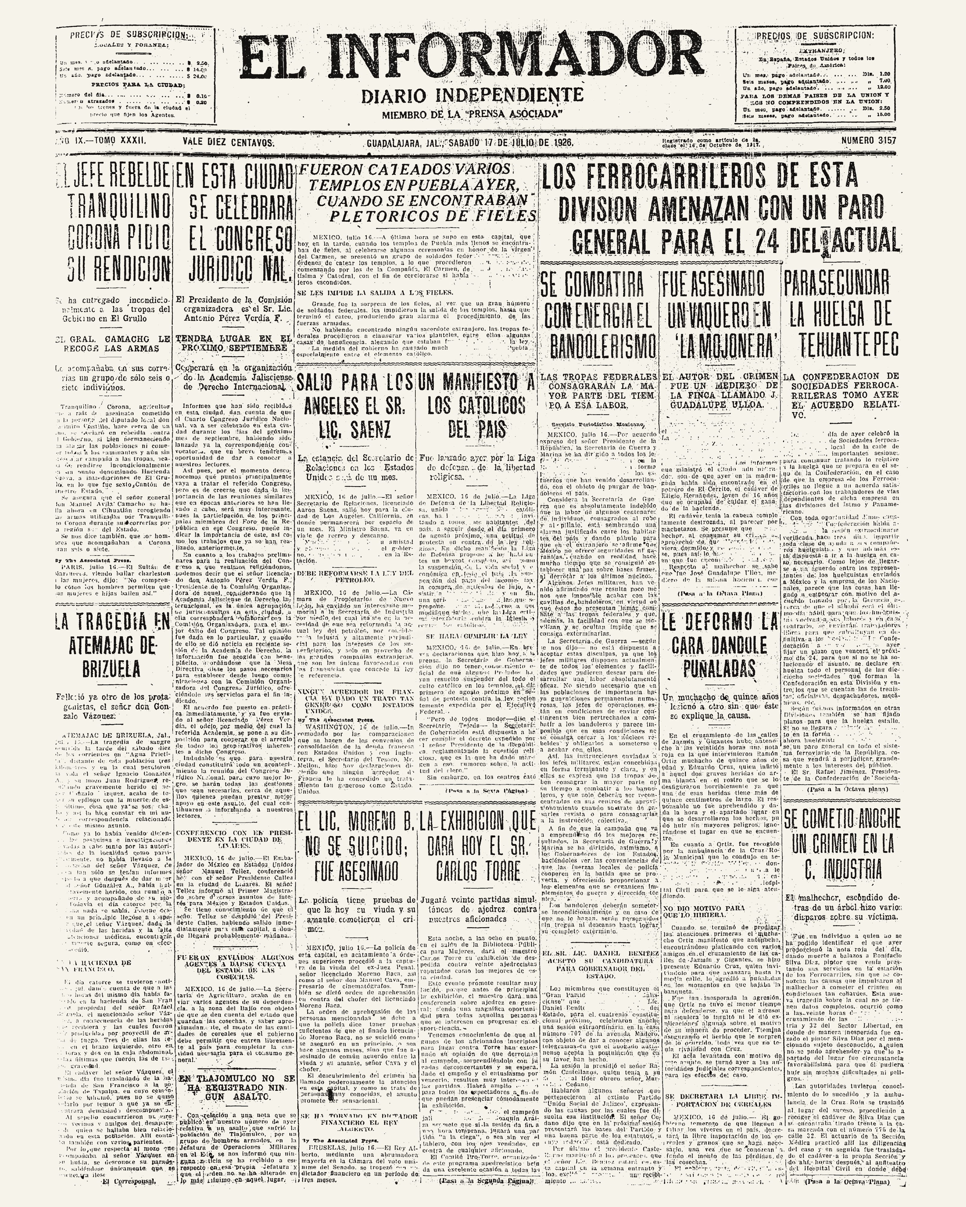 Primera plana de El Informador, 17 de julio de 1926