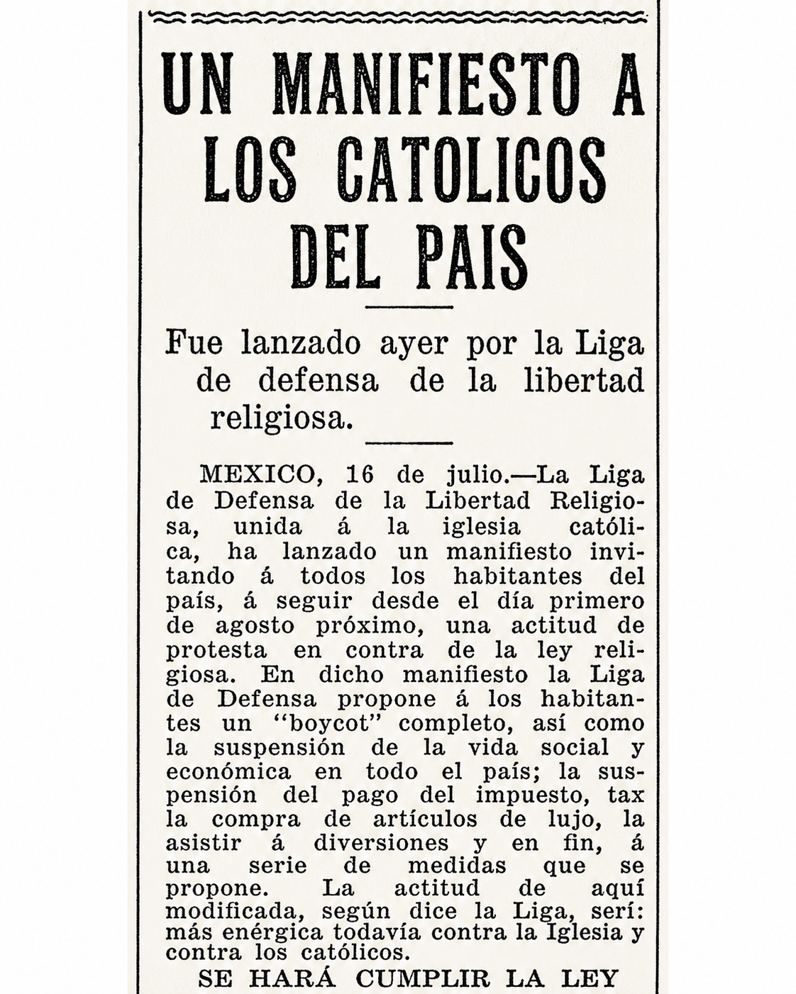 Versión legible del manifiesto a los católicos del país, 17 de julio de 1926