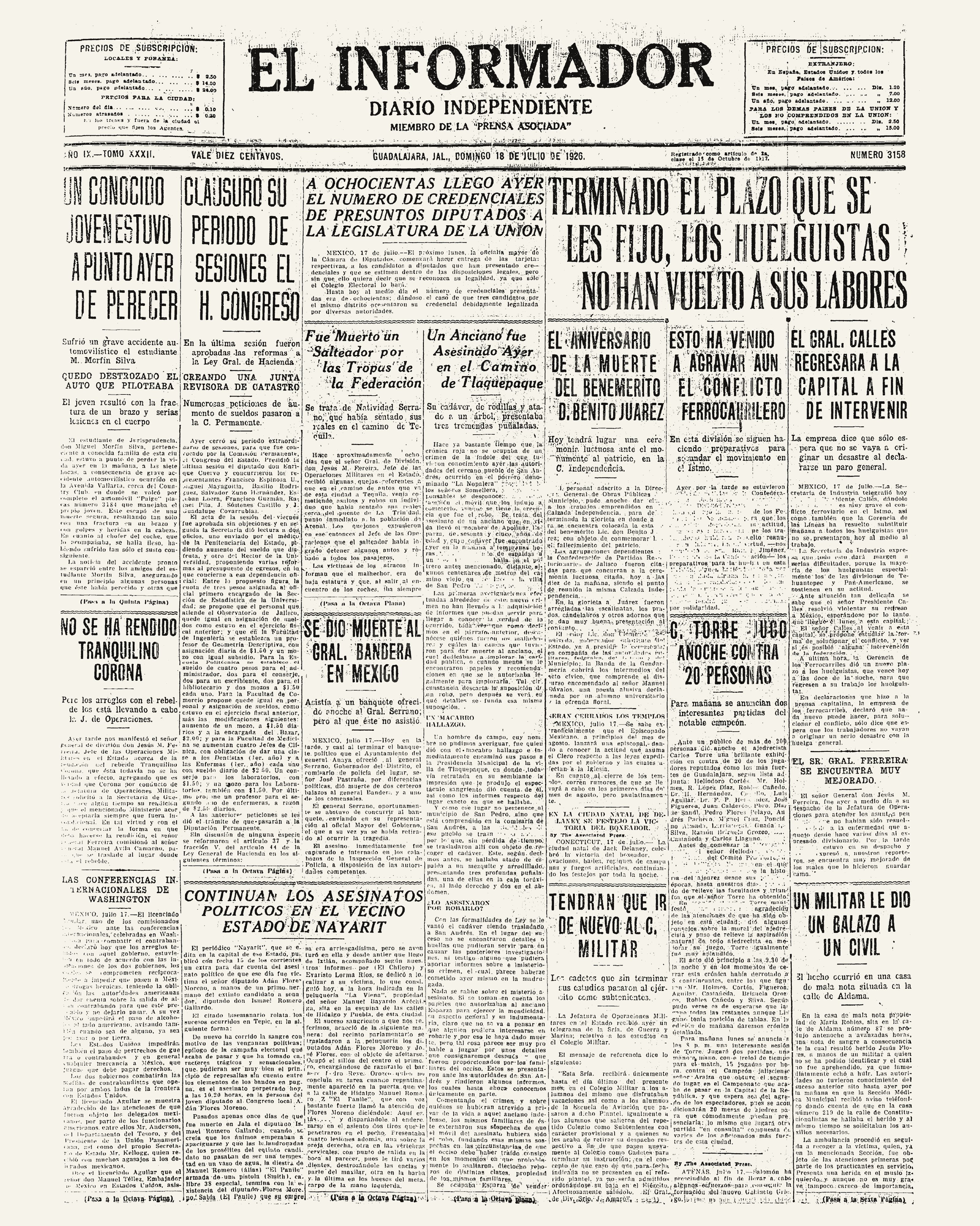 Primera plana de El Informador, 18 de julio de 1926