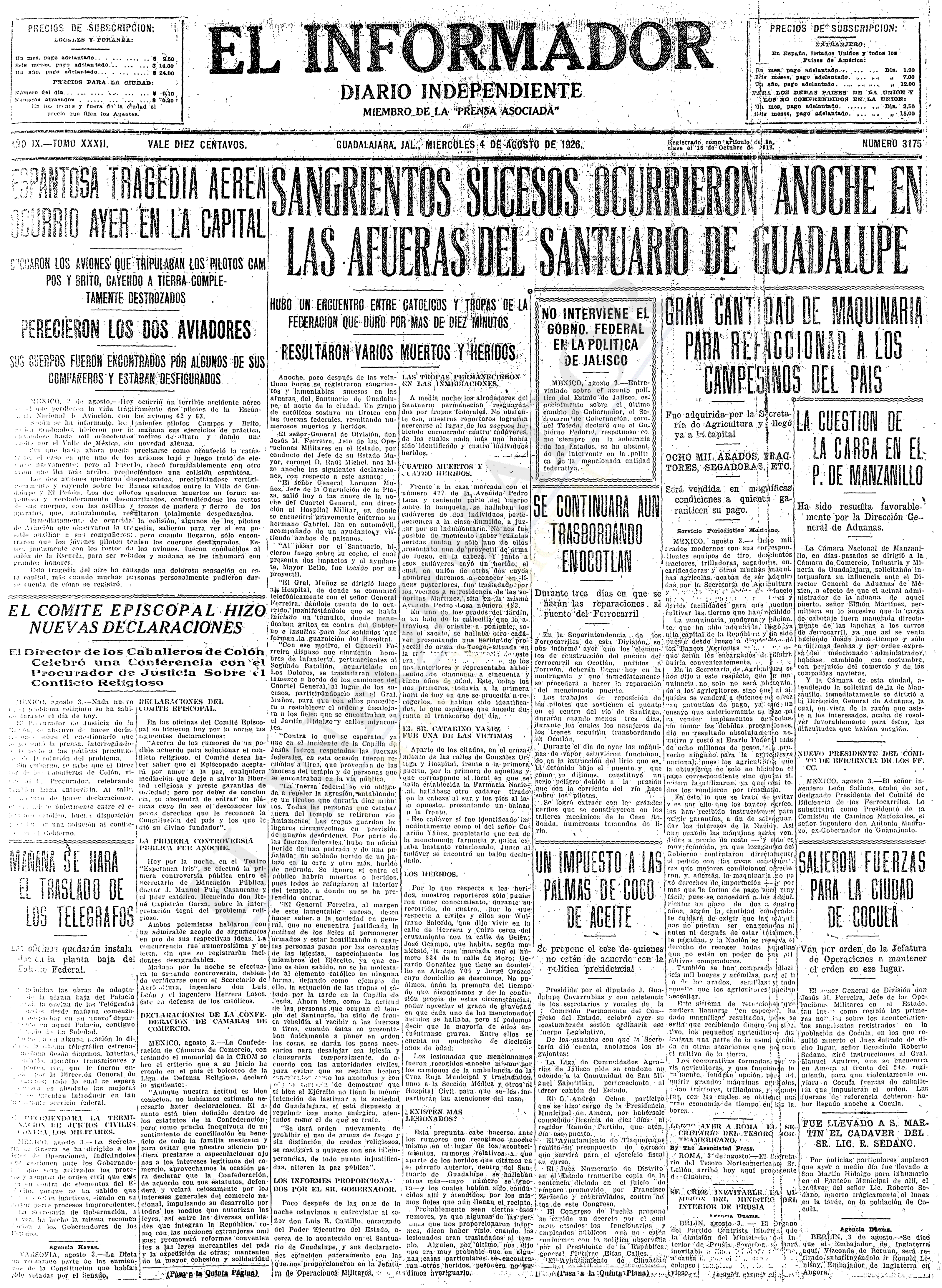 Primera plana de El Informador, 4 de agosto de 1926