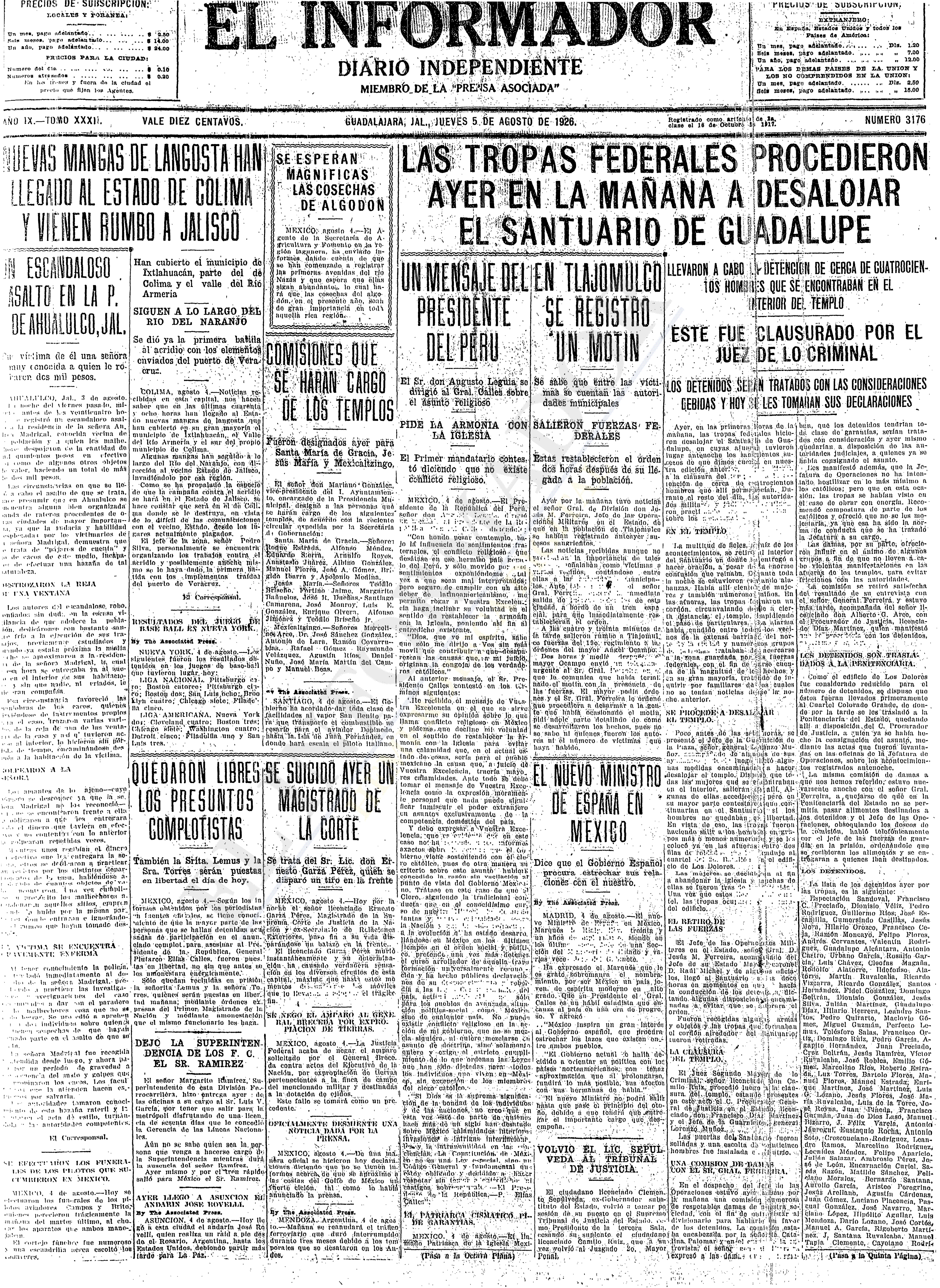 Primera plana de El Informador, 5 de agosto de 1926