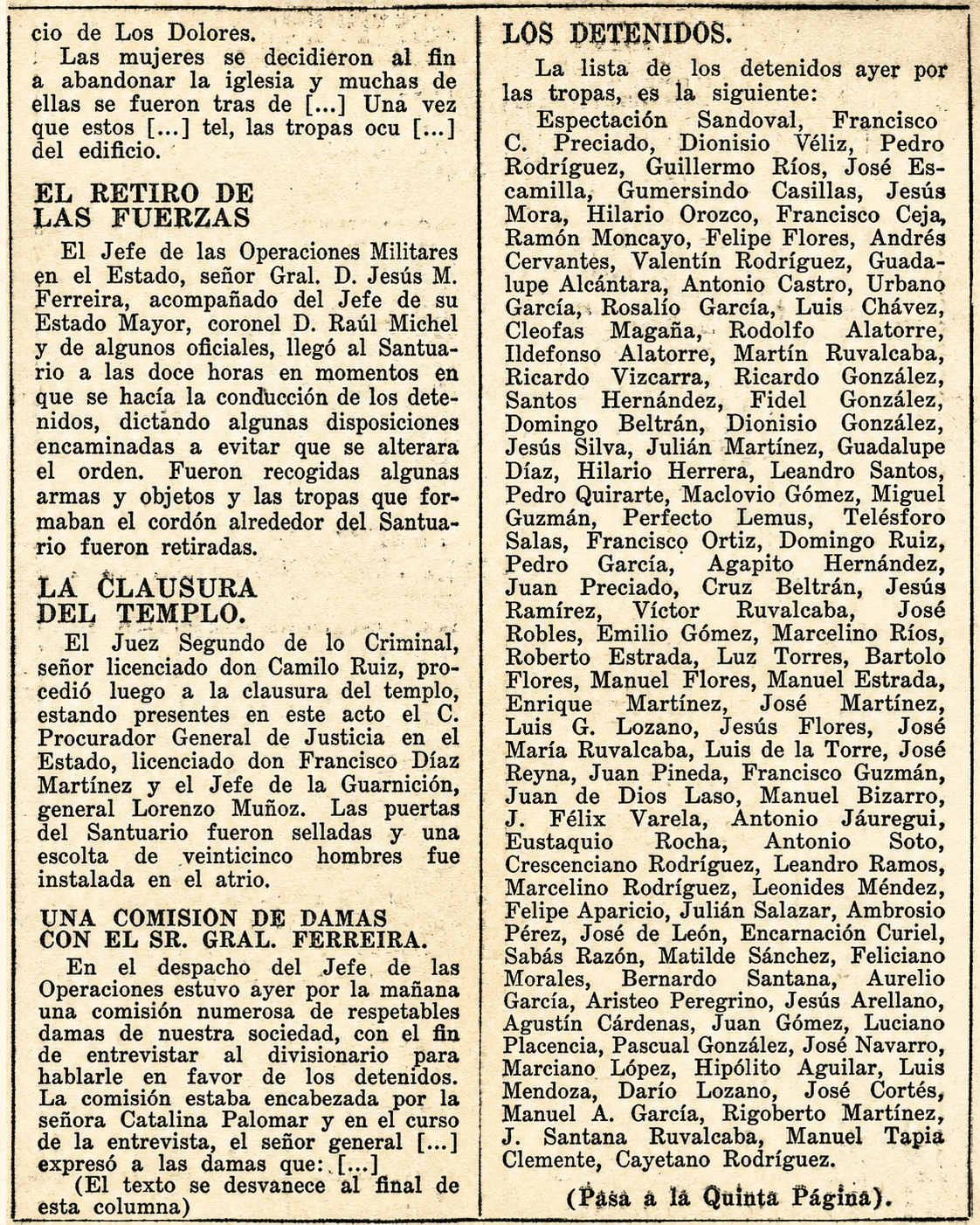 Recorte: la clausura del templo, una comisión de damas con el Sr. Gral. Ferreira, 5 de agosto de 1926