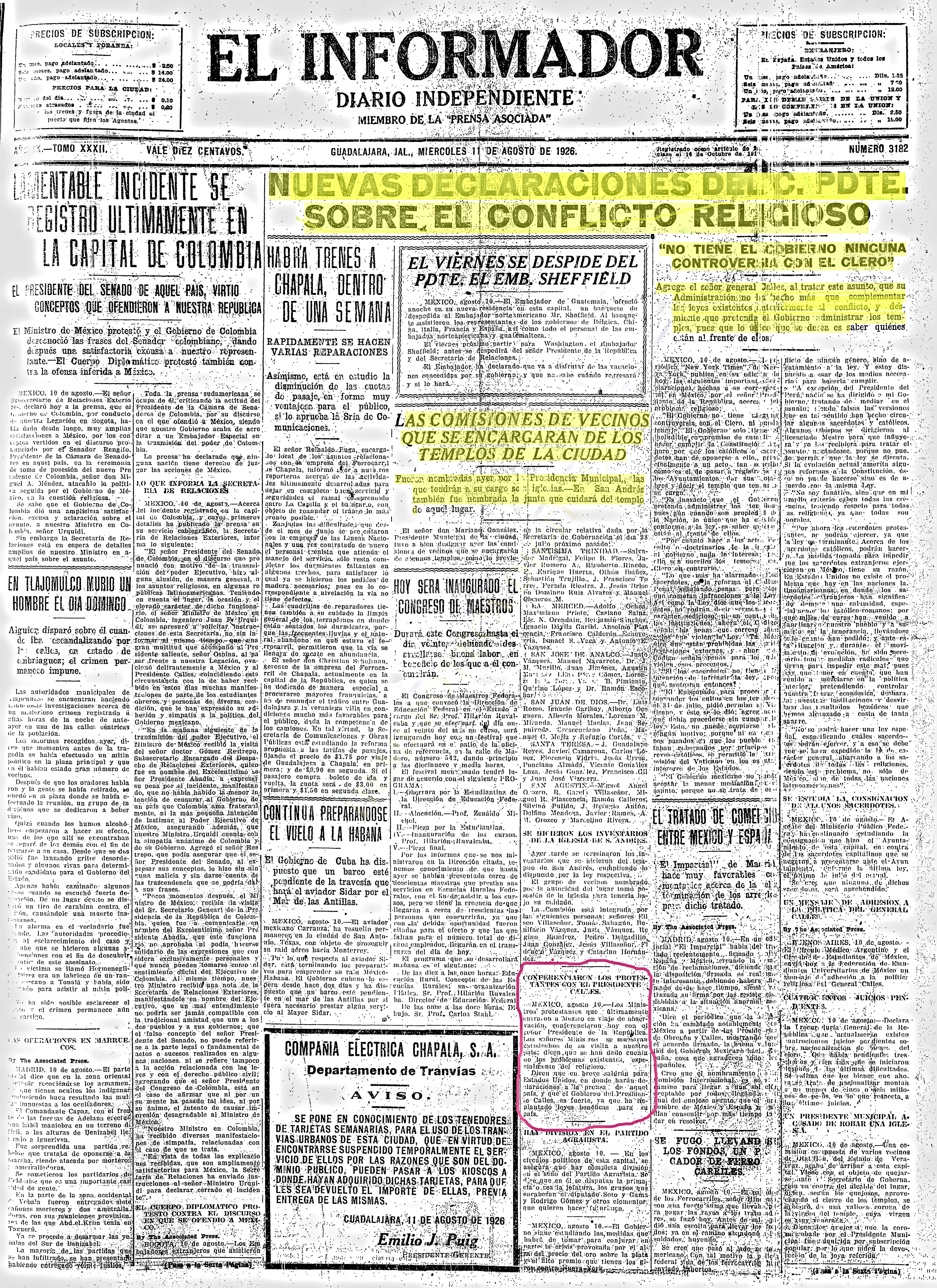Primera plana de El Informador, 11 de agosto de 1926
