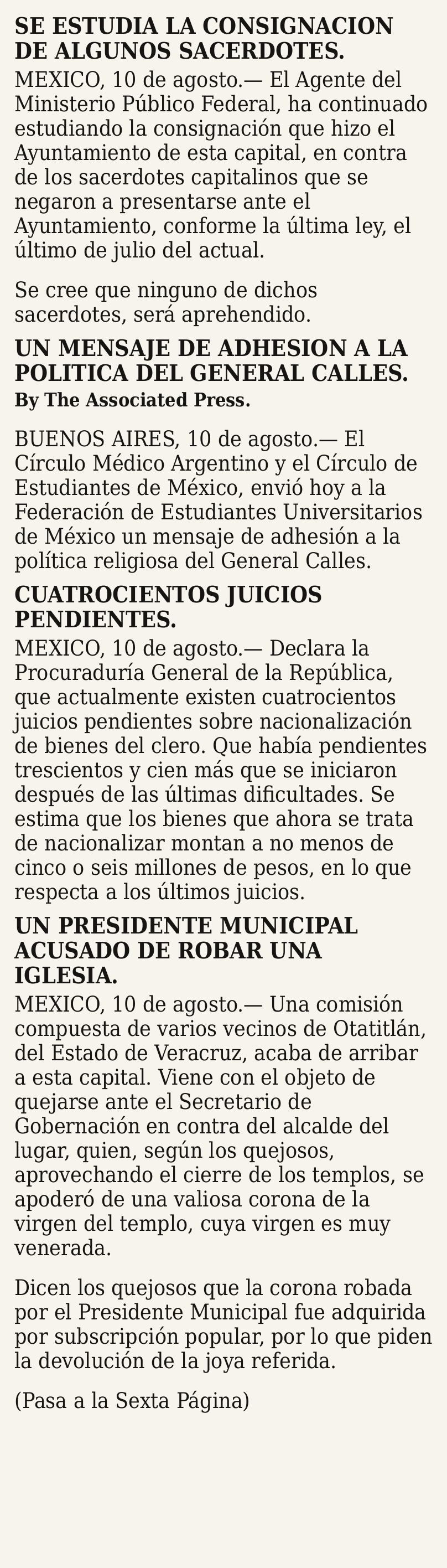Recorte: Calles miente, parte 3 de 3, 11 de agosto de 1926
