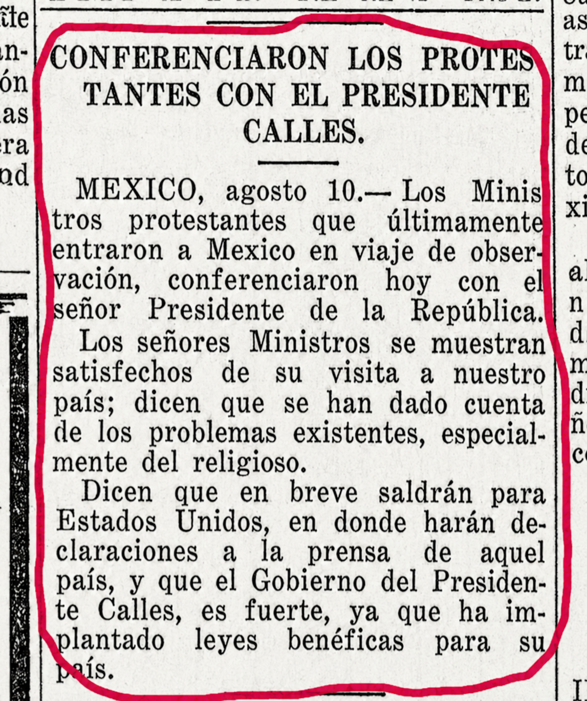 Recorte: conferenciaron los protestantes con el presidente Calles, 11 de agosto de 1926