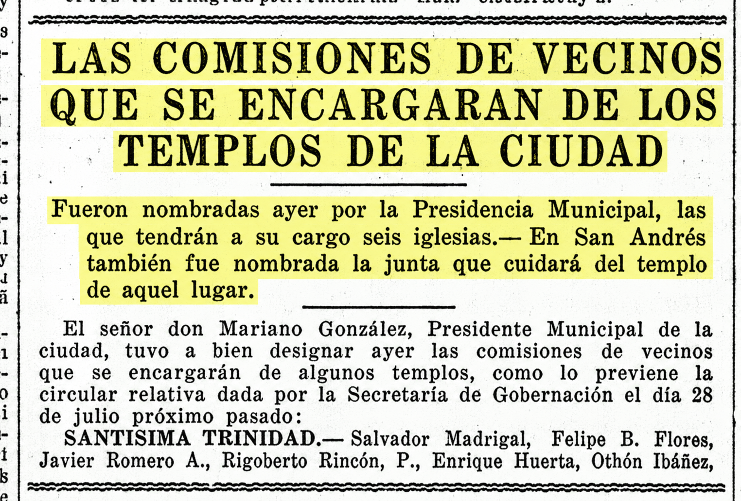 Recorte: las comisiones de vecinos que se encargarán de los templos de la ciudad, parte 1 de 2, 11 de agosto de 1926