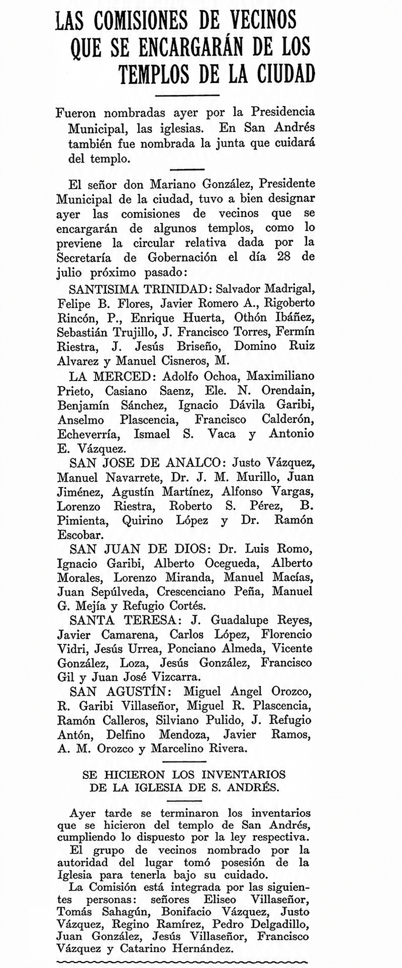 Recorte: las comisiones de vecinos que se encargarán de los templos de la ciudad, parte 2 de 2, 11 de agosto de 1926
