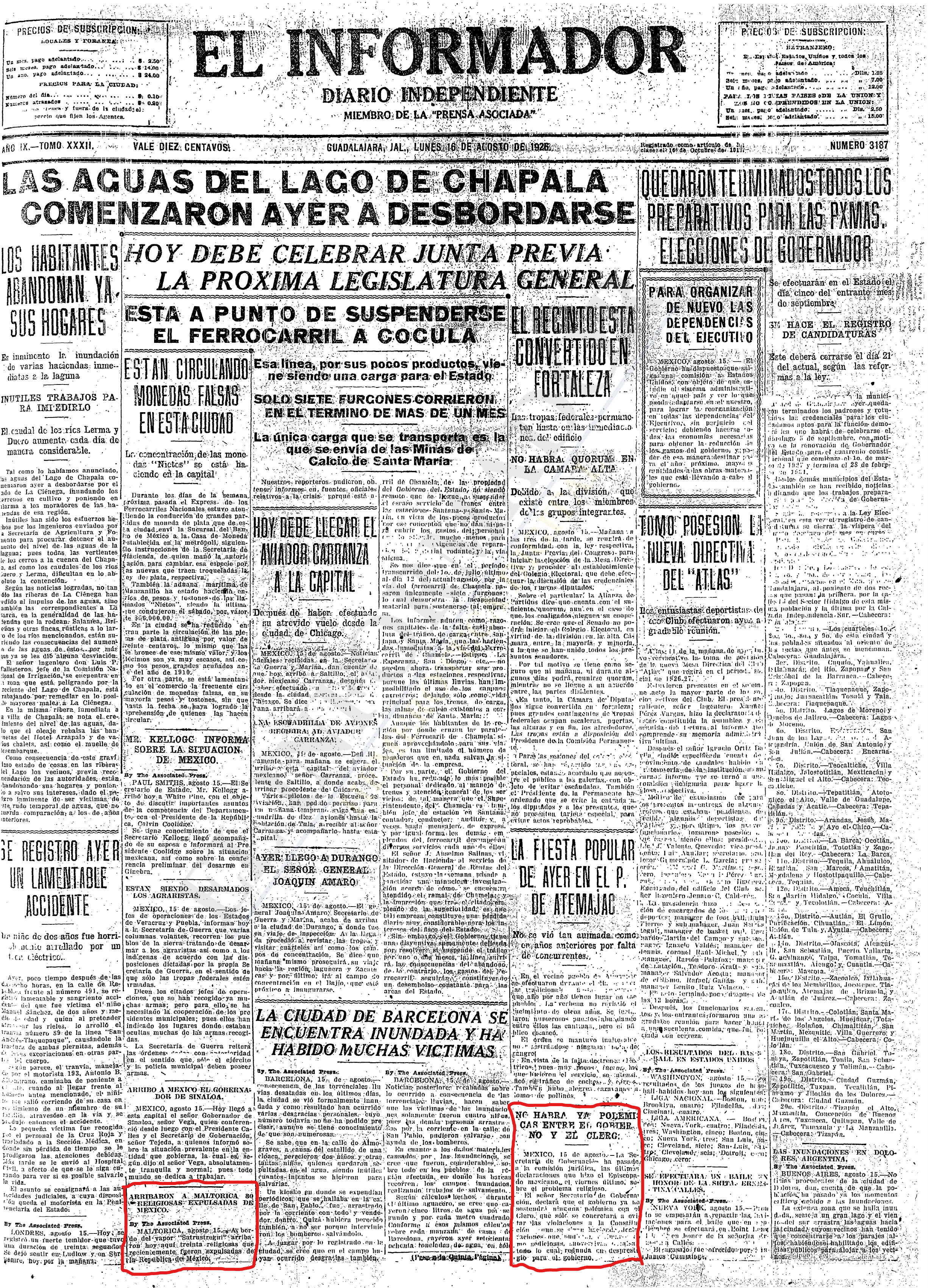 Primera plana de El Informador, 16 de agosto de 1926