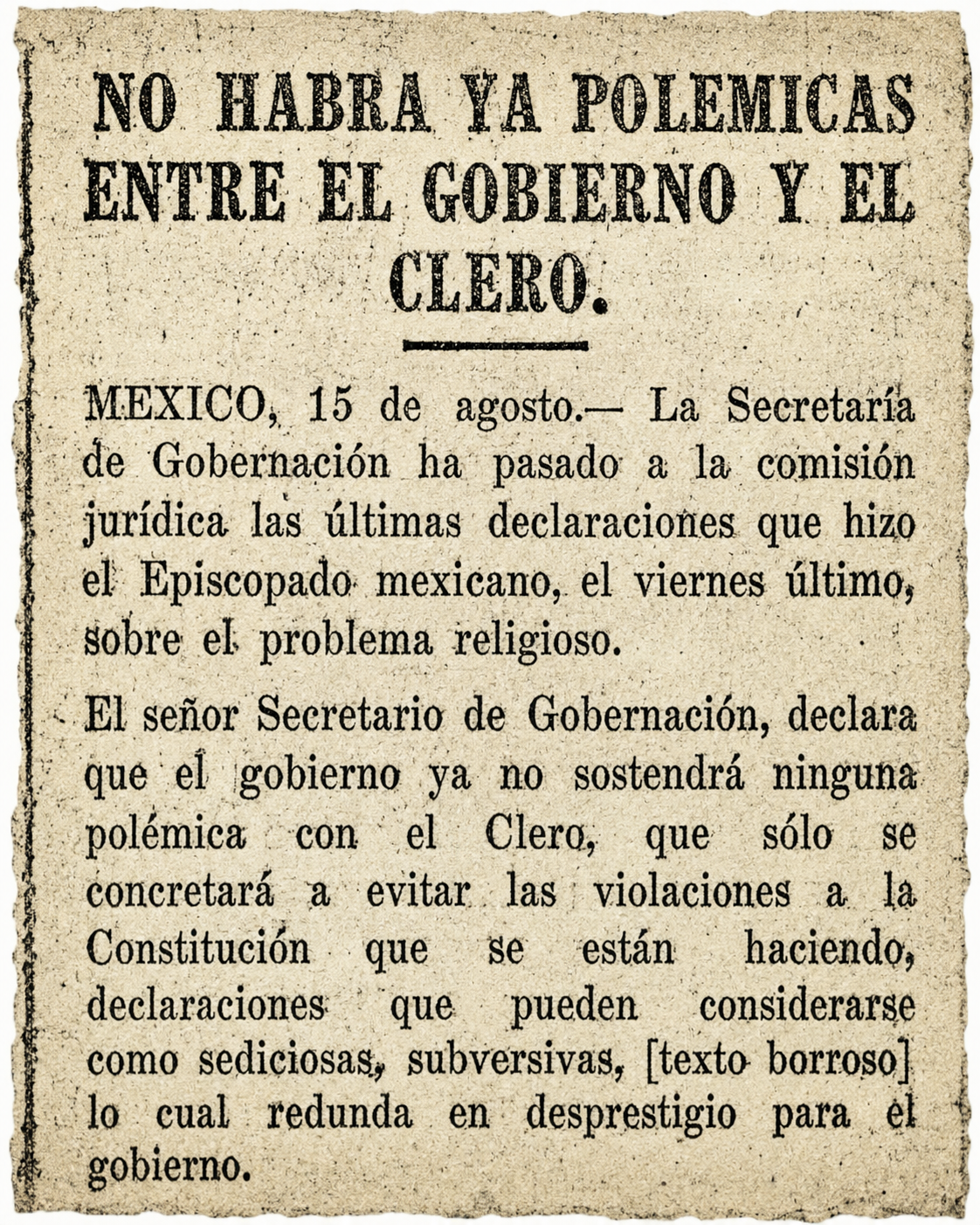 Recorte: Gobierno hostil a clero, 16 de agosto de 1926