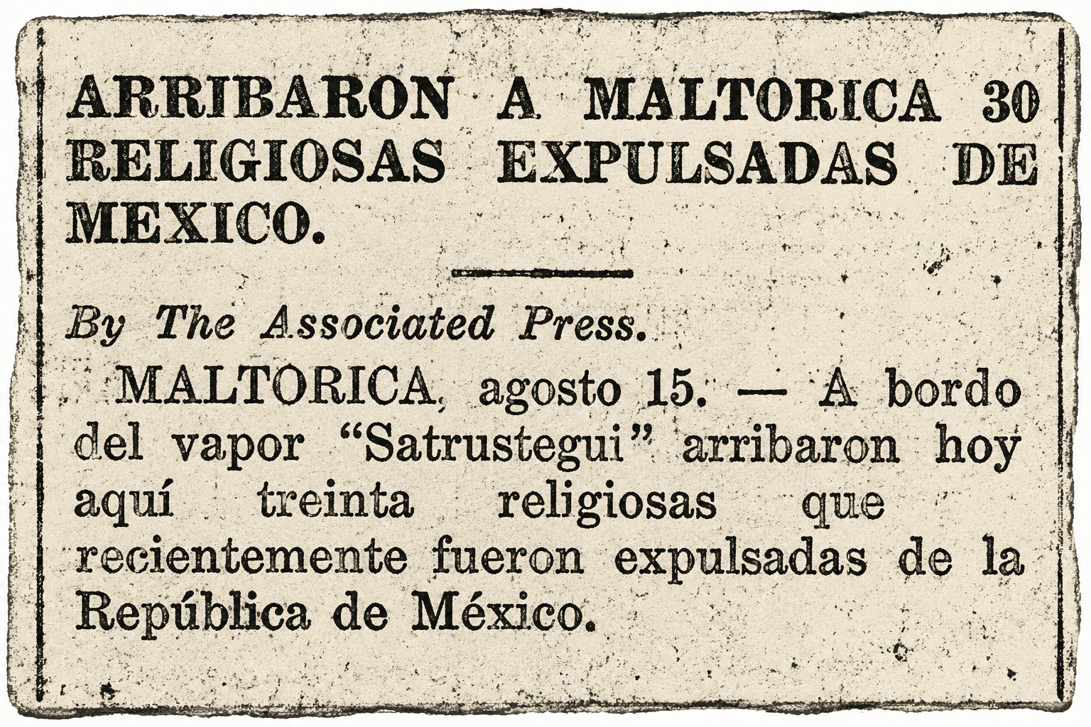 Recorte: Persecución a monjas, 16 de agosto de 1926