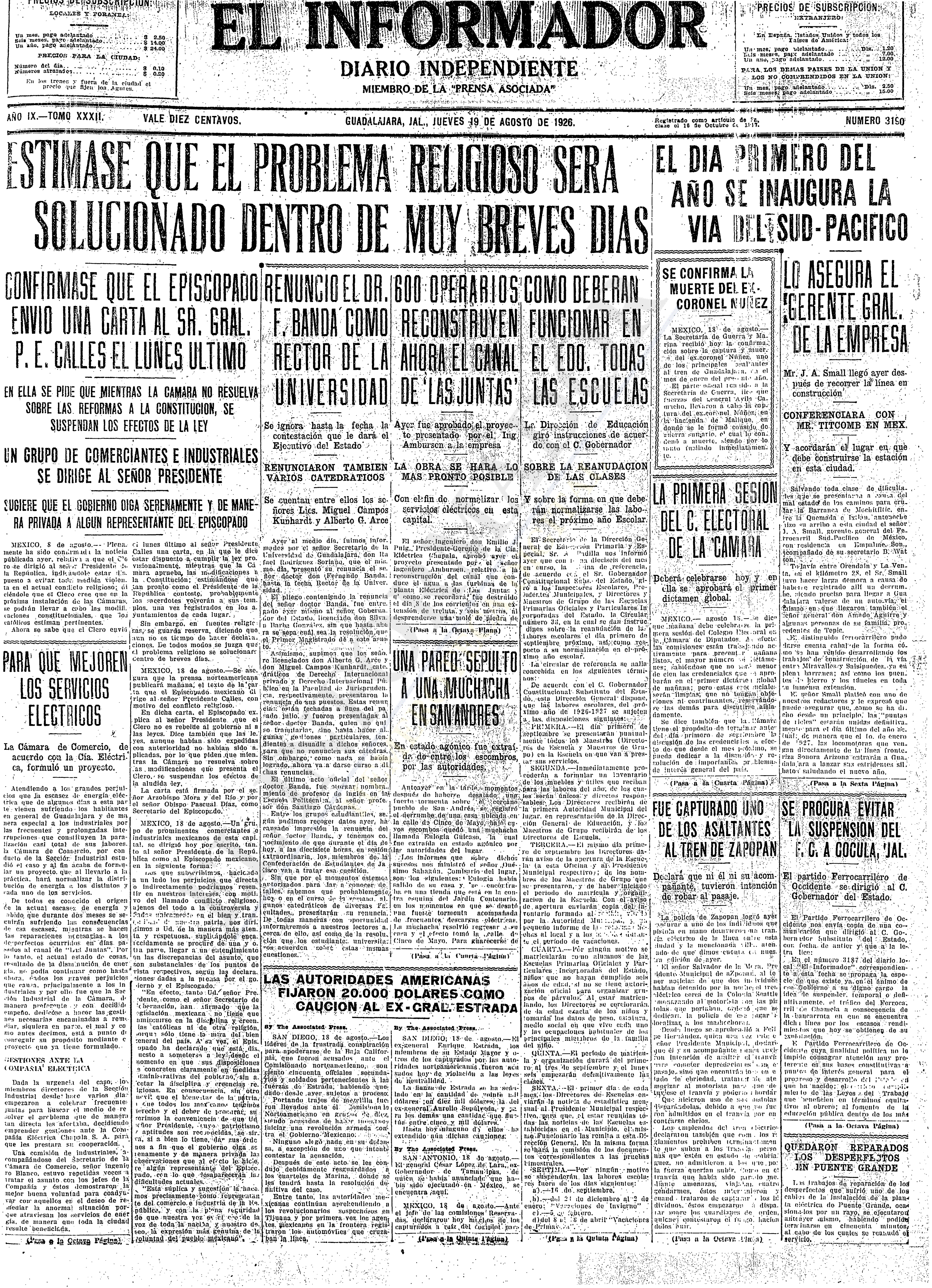 Primera plana de El Informador, 19 de agosto de 1926