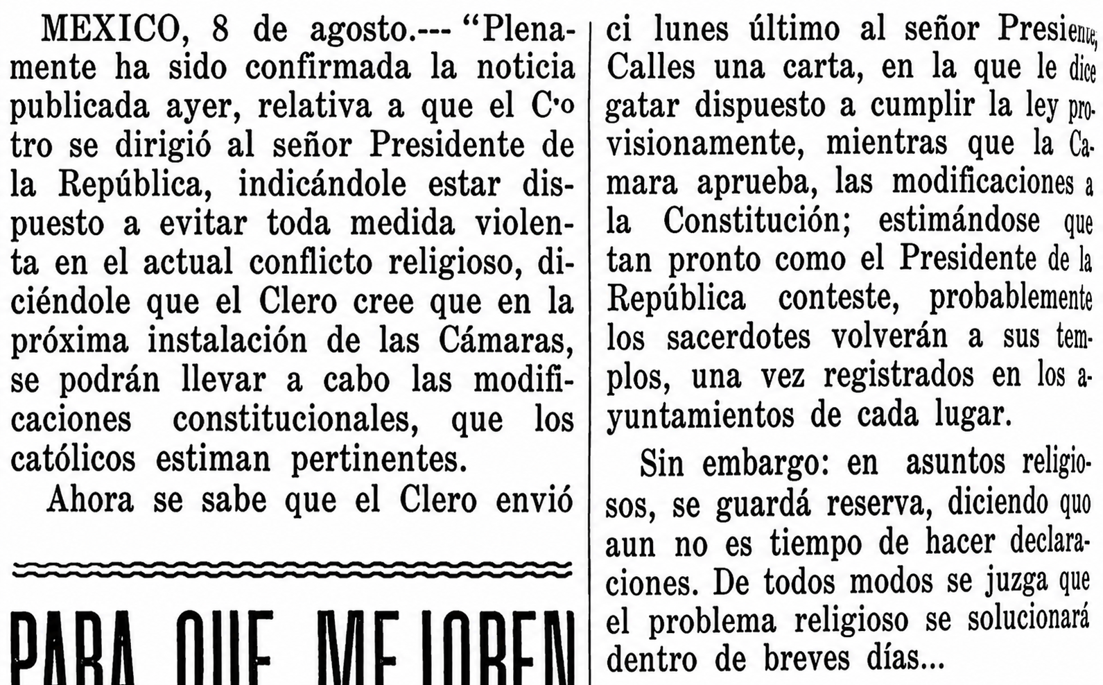 Versión legible del texto de la noticia, 19 de agosto de 1926