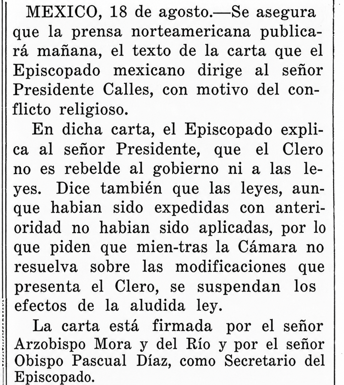 Versión legible de la carta del Episcopado, 19 de agosto de 1926