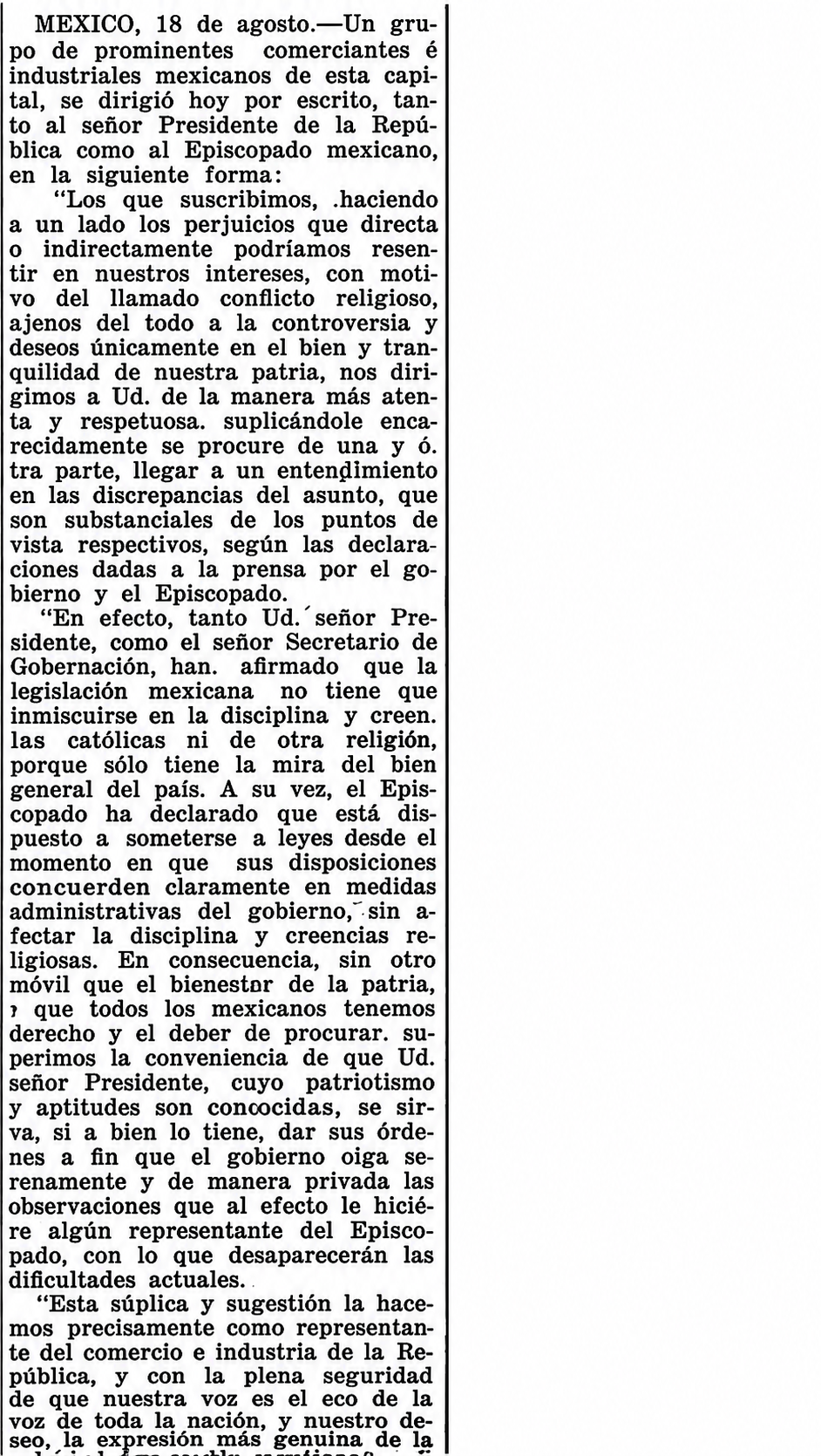 Versión legible de la carta de comerciantes e industriales, 19 de agosto de 1926