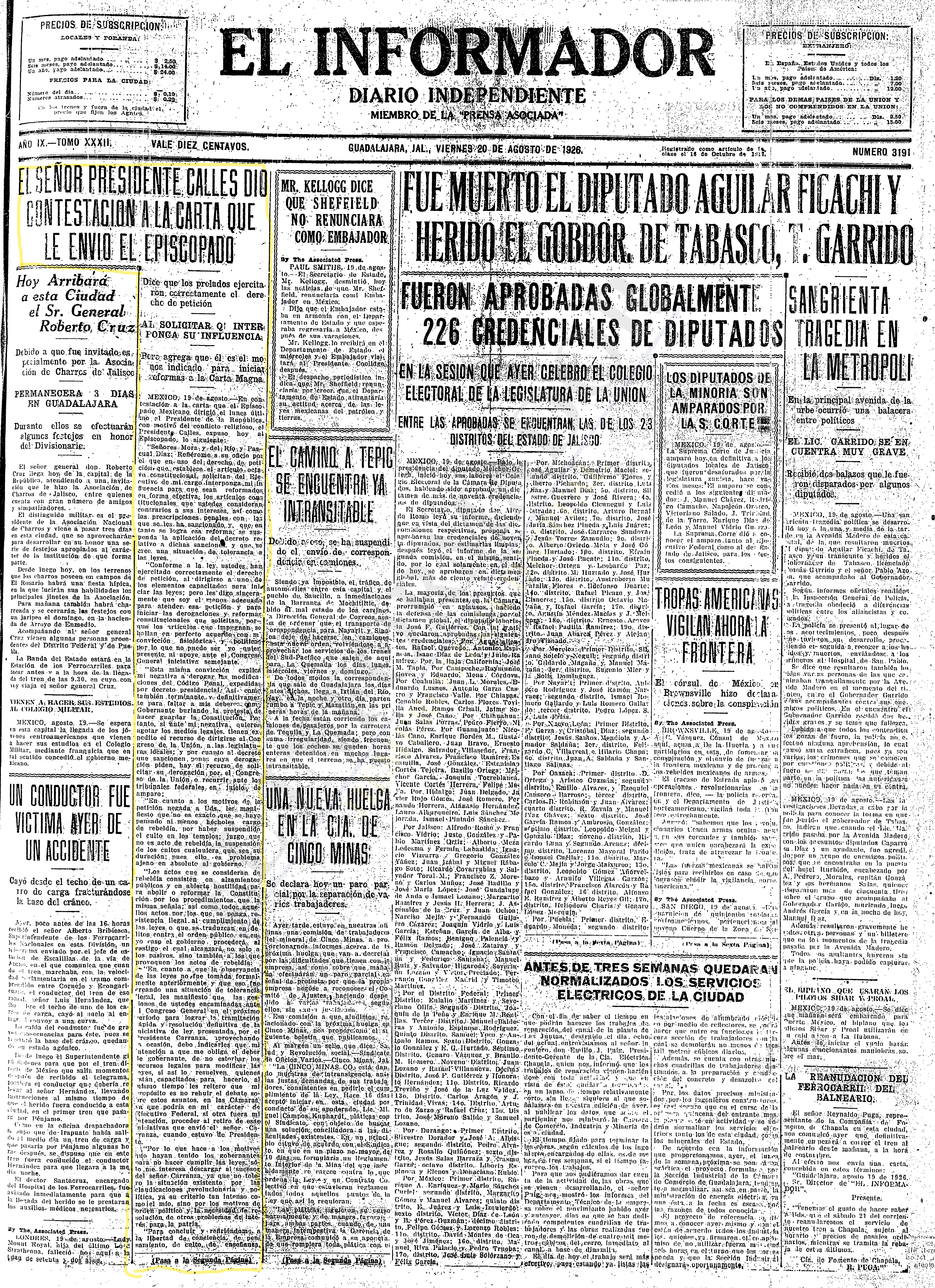 Primera plana de El Informador, 20 de agosto de 1926