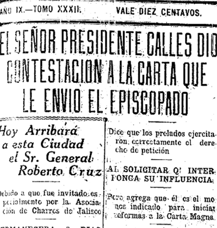 Versión legible del encabezado de la contestación de Calles al Episcopado, 20 de agosto de 1926