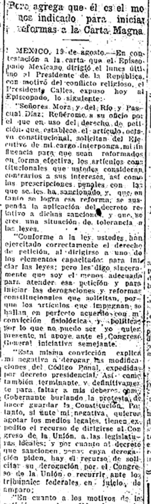 Versión legible del cuerpo de la contestación de Calles al Episcopado, primera parte, 20 de agosto de 1926