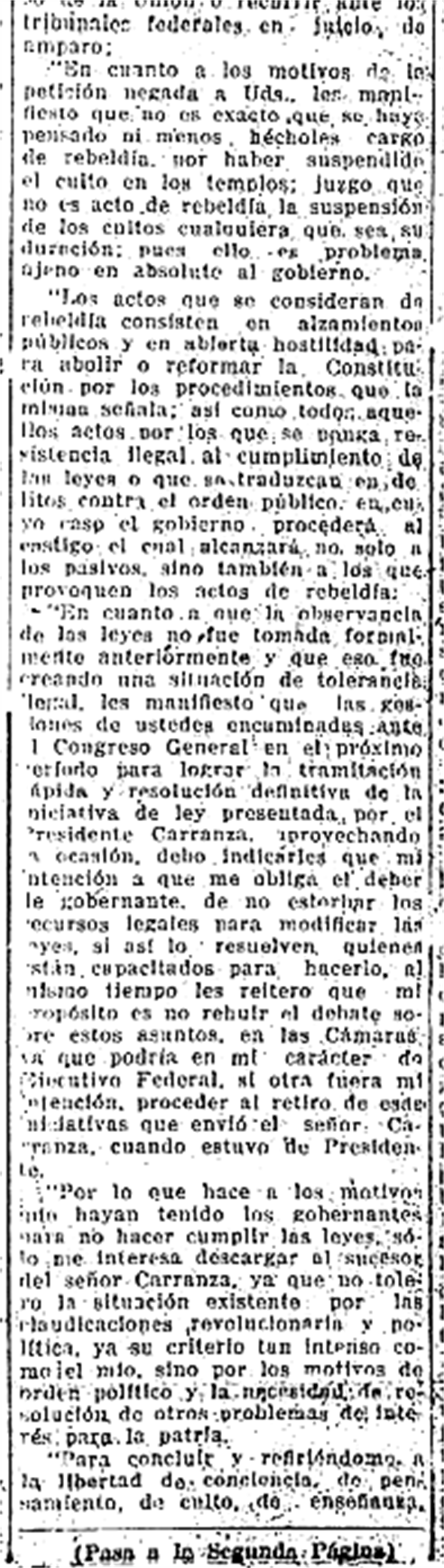 Versión legible del cuerpo de la contestación de Calles al Episcopado, segunda parte, 20 de agosto de 1926