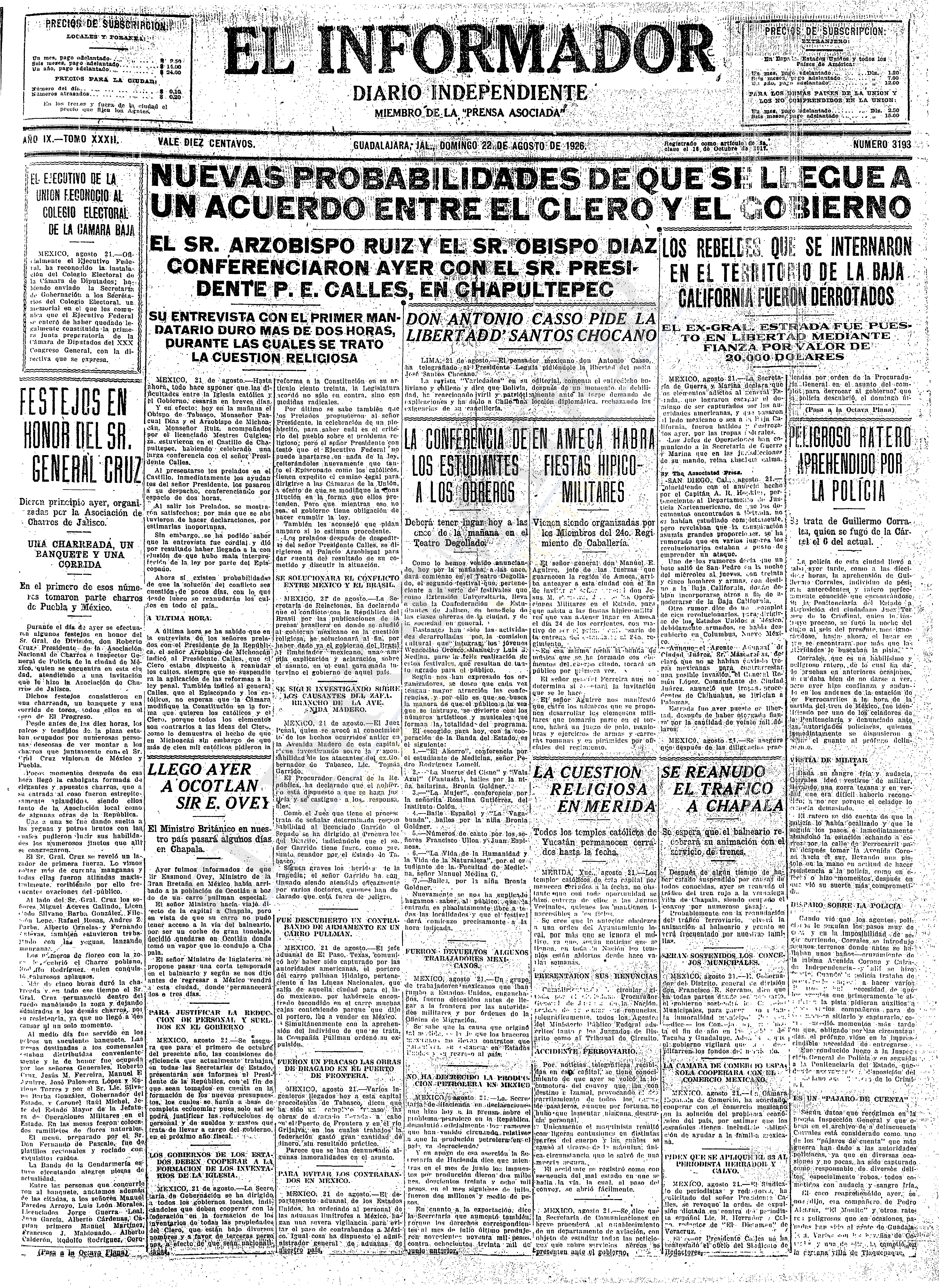Primera plana de El Informador, 22 de agosto de 1926