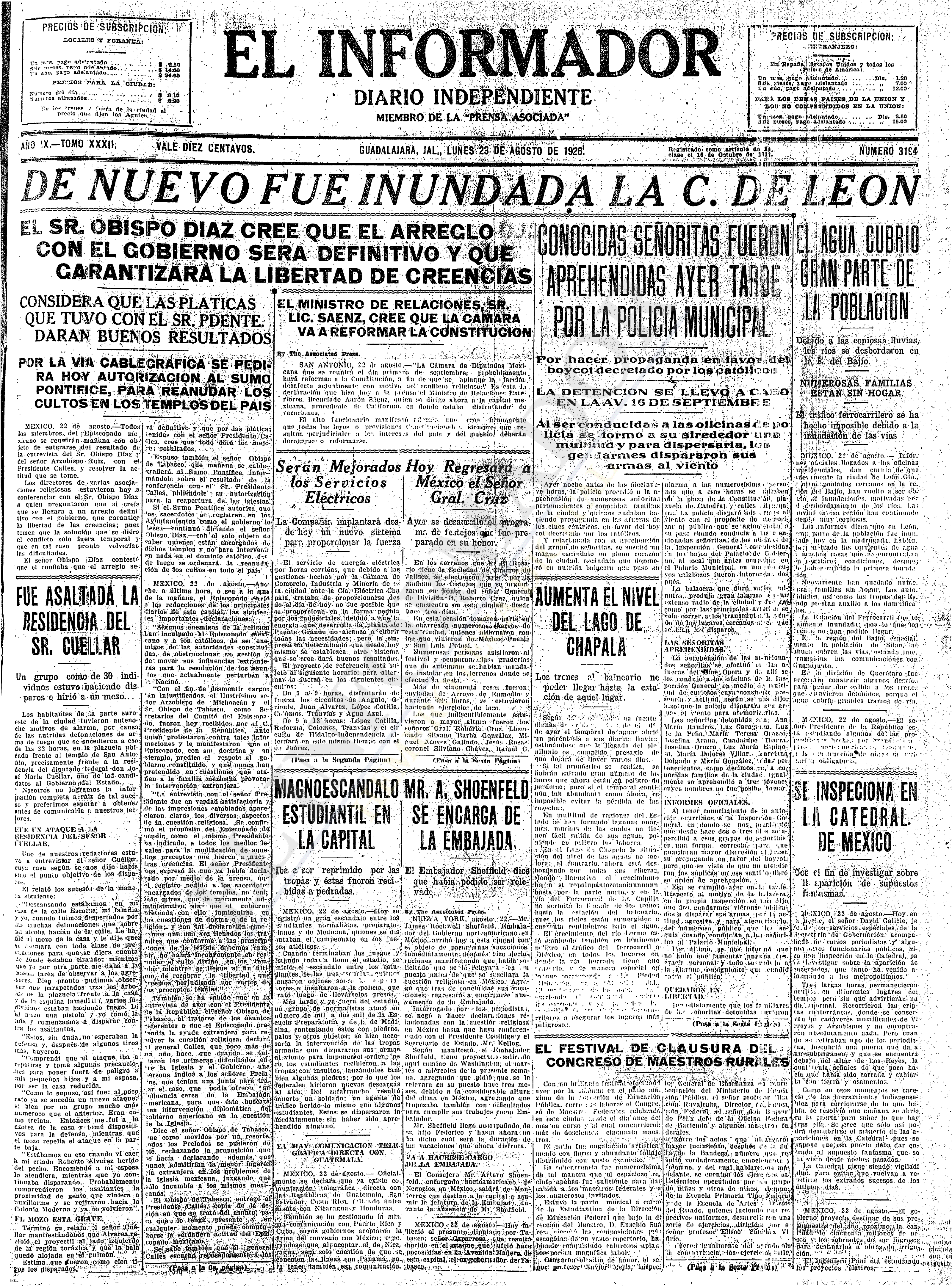 Primera plana de El Informador, 23 de agosto de 1926