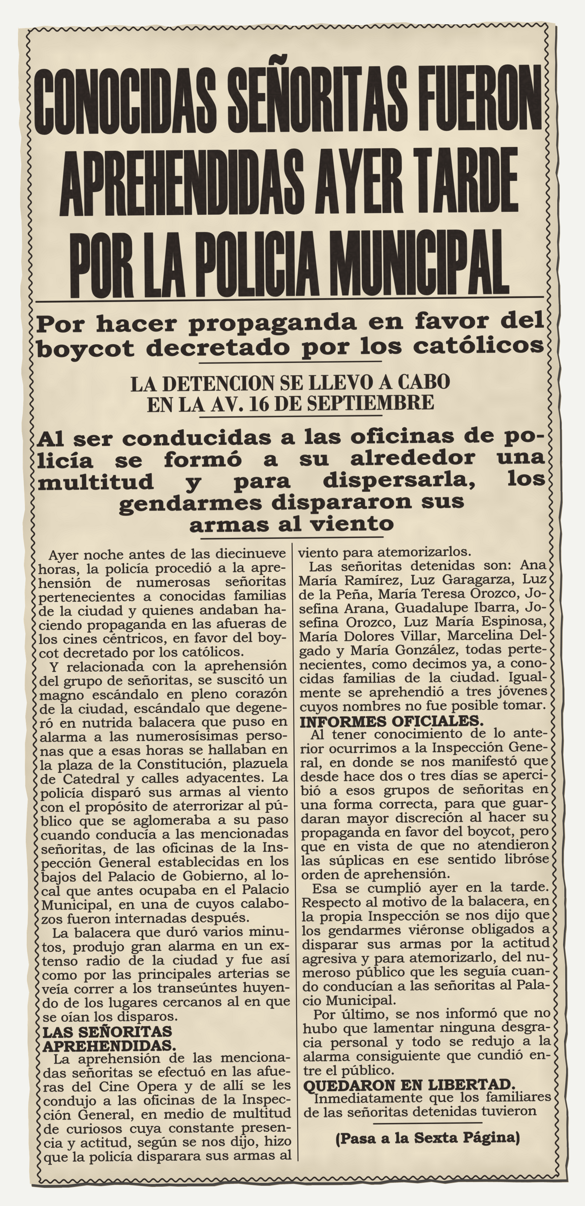 Versión legible: ataque a la libertad de expresión, señoritas aprehendidas en Guadalajara, 23 de agosto de 1926