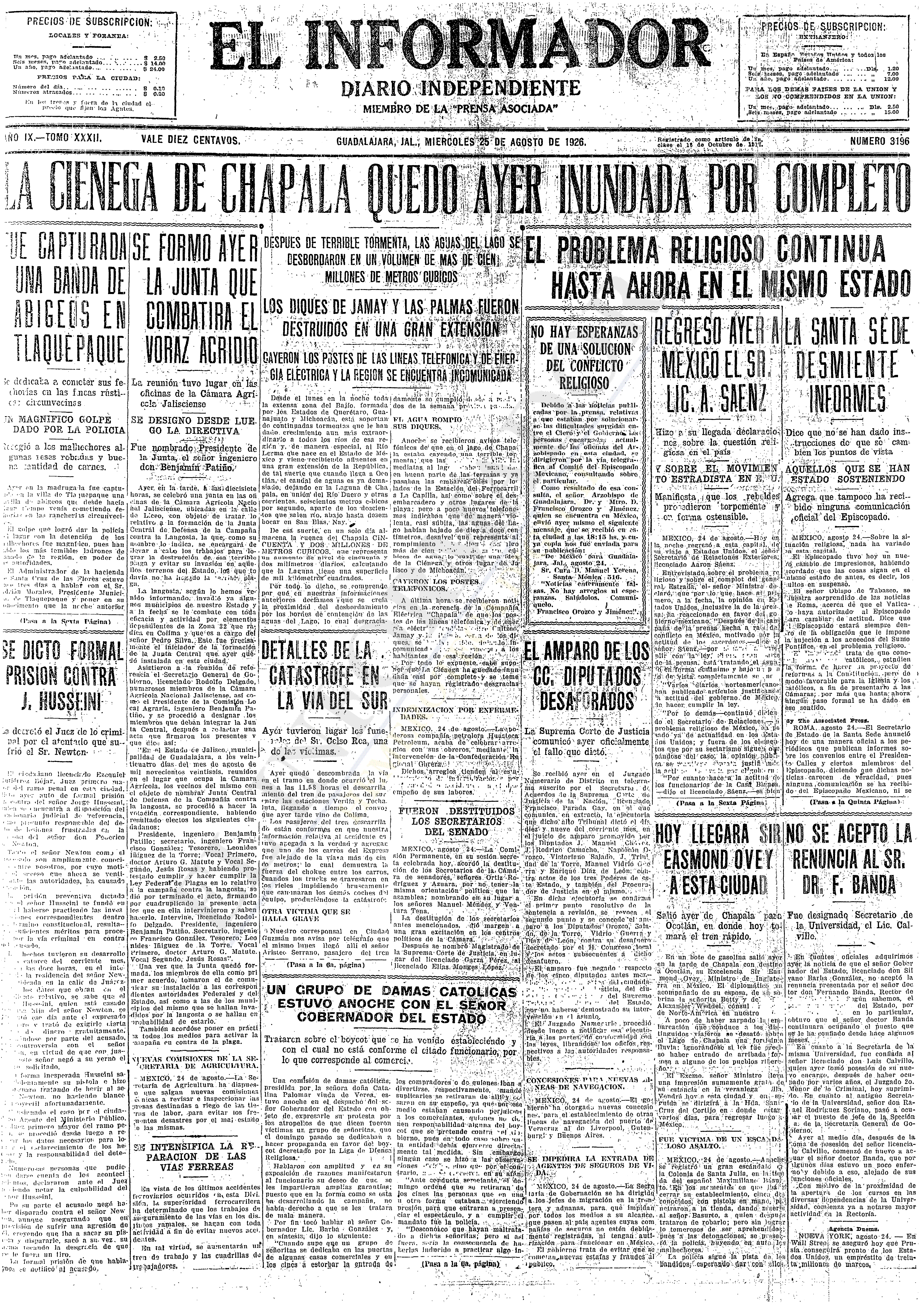 Primera plana de El Informador, 25 de agosto de 1926