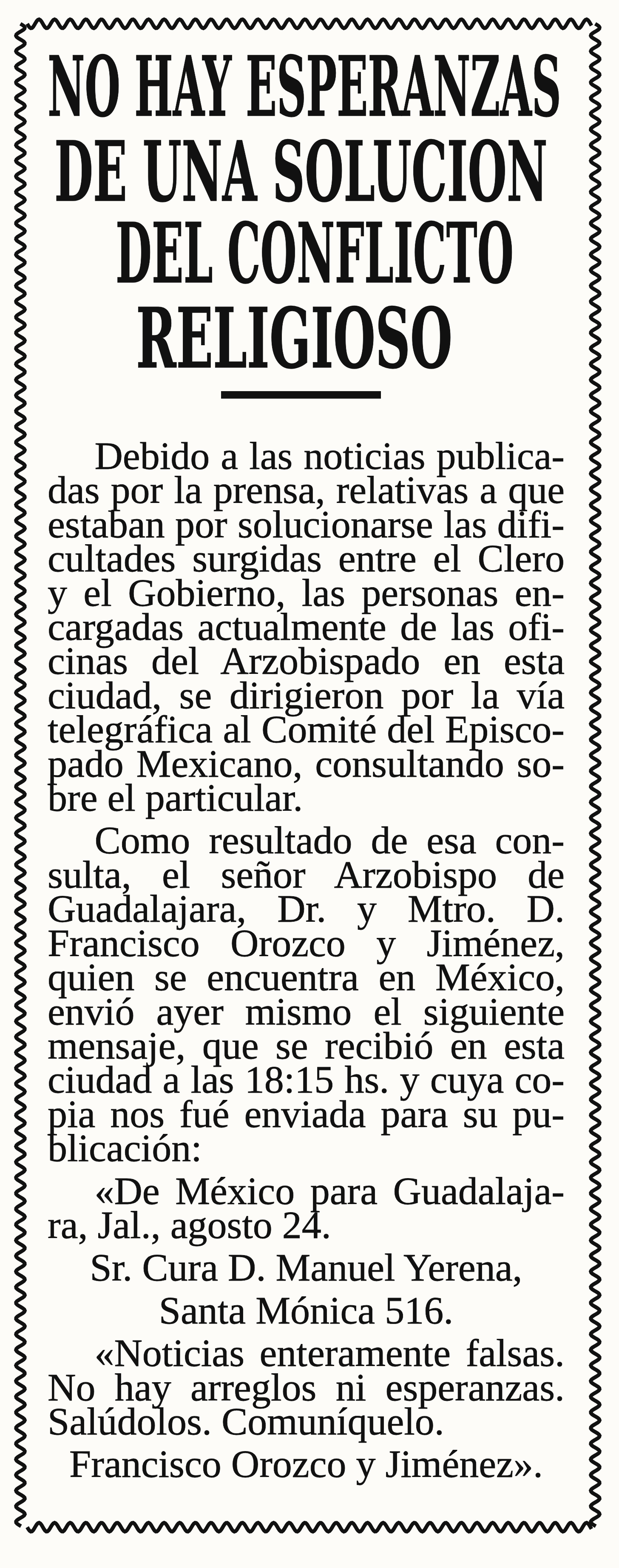 Versión legible: telegrama del arzobispo Orozco y Jiménez, 25 de agosto de 1926