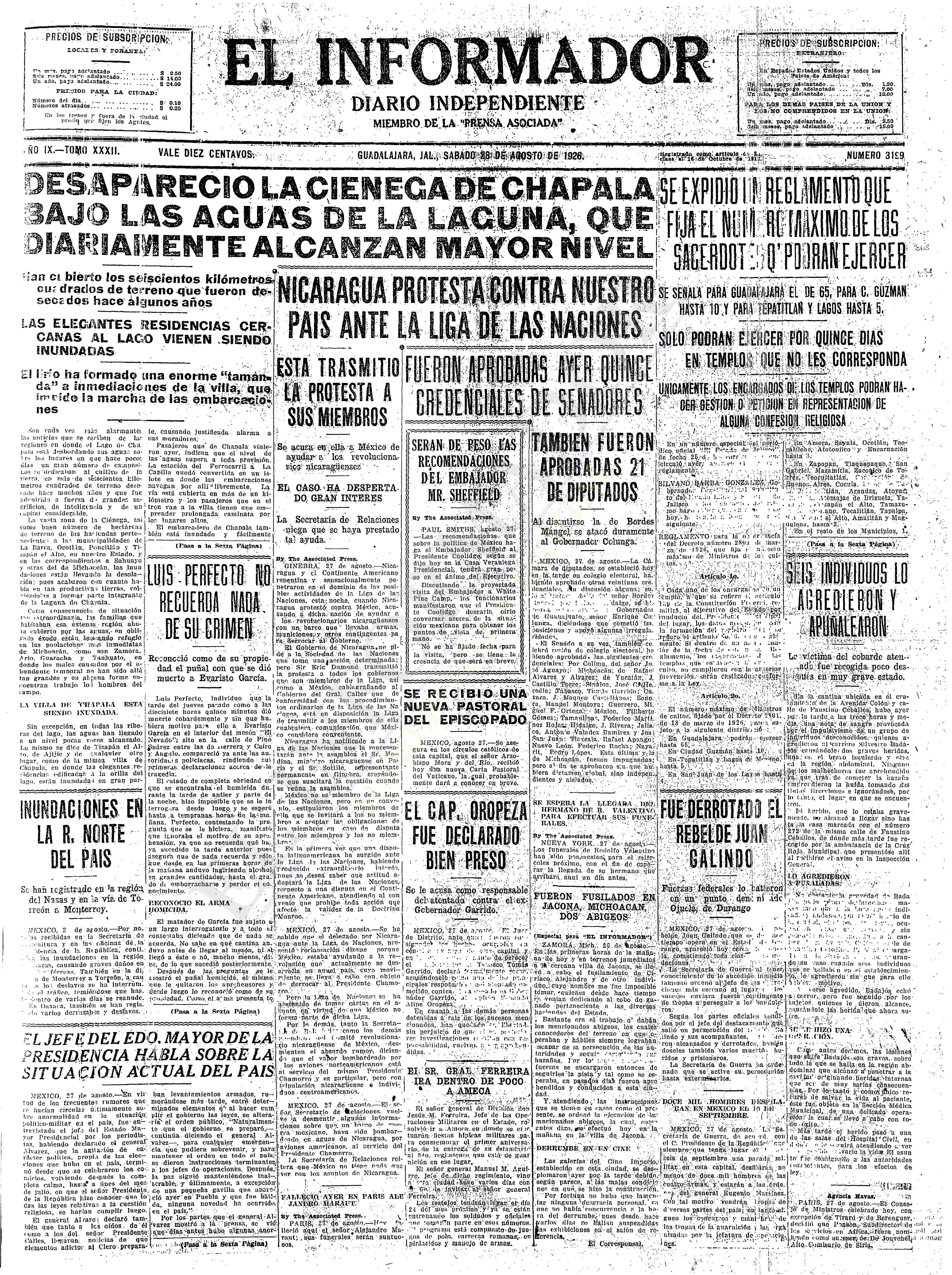 Primera plana de El Informador, 28 de agosto de 1926
