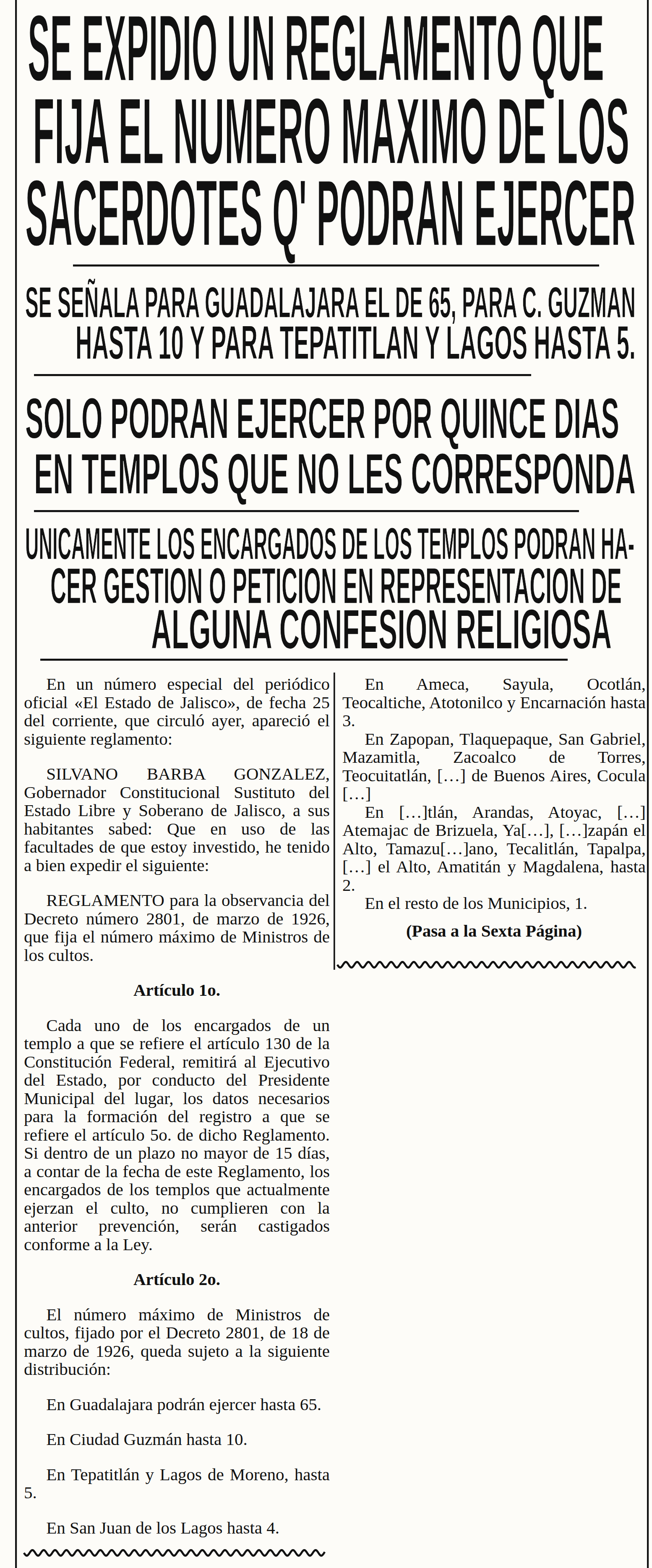 Versión legible: límite de sacerdotes por ciudad en Jalisco, 28 de agosto de 1926