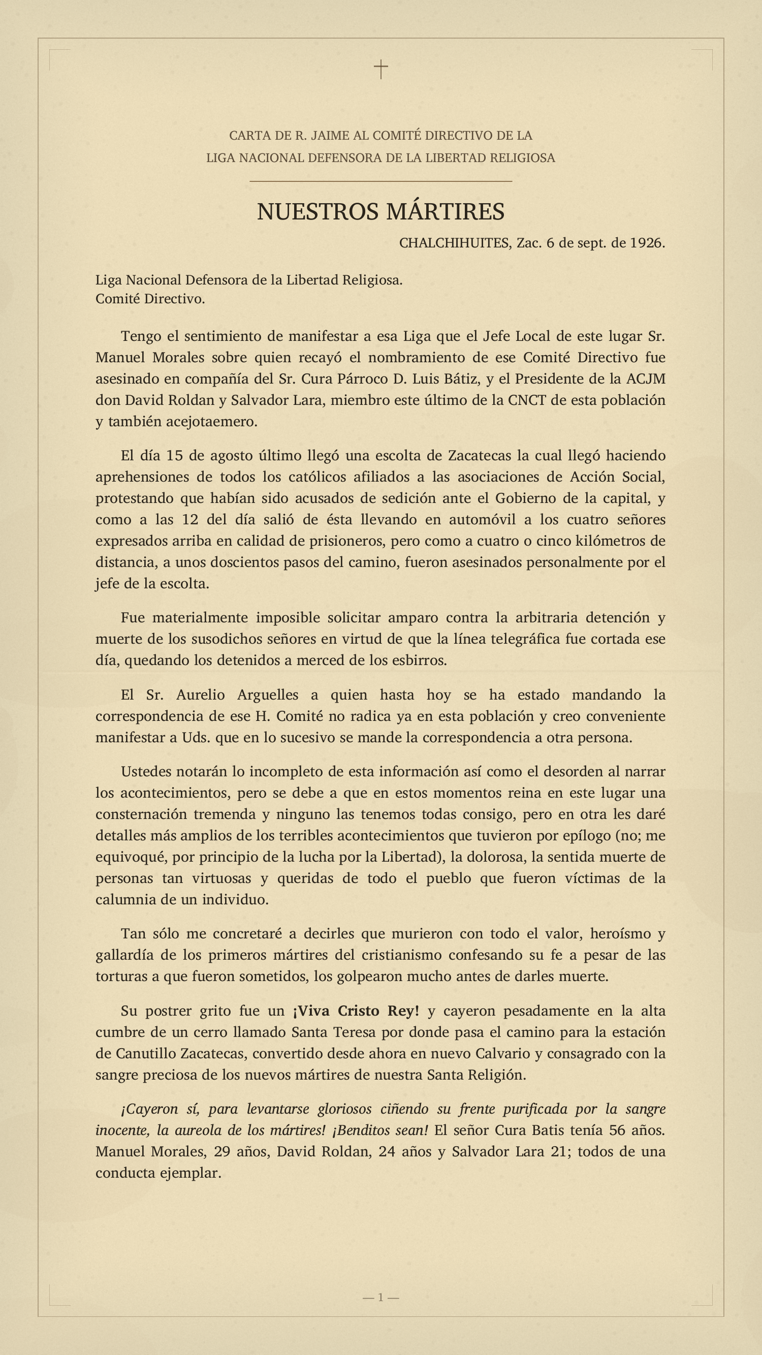 Carta de R. Jaime al Comité Directivo de la Liga Nacional Defensora de la Libertad Religiosa, sobre el fusilamiento de cuatro católicos en Chalchihuites, Zacatecas, el 15 de agosto de 1926