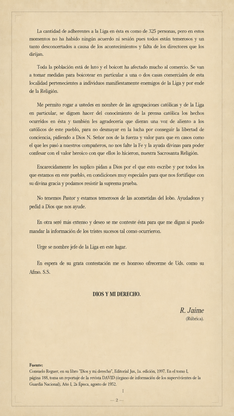 Carta de R. Jaime al Comité Directivo de la Liga Nacional Defensora de la Libertad Religiosa, sobre el fusilamiento de cuatro católicos en Chalchihuites, Zacatecas, el 15 de agosto de 1926