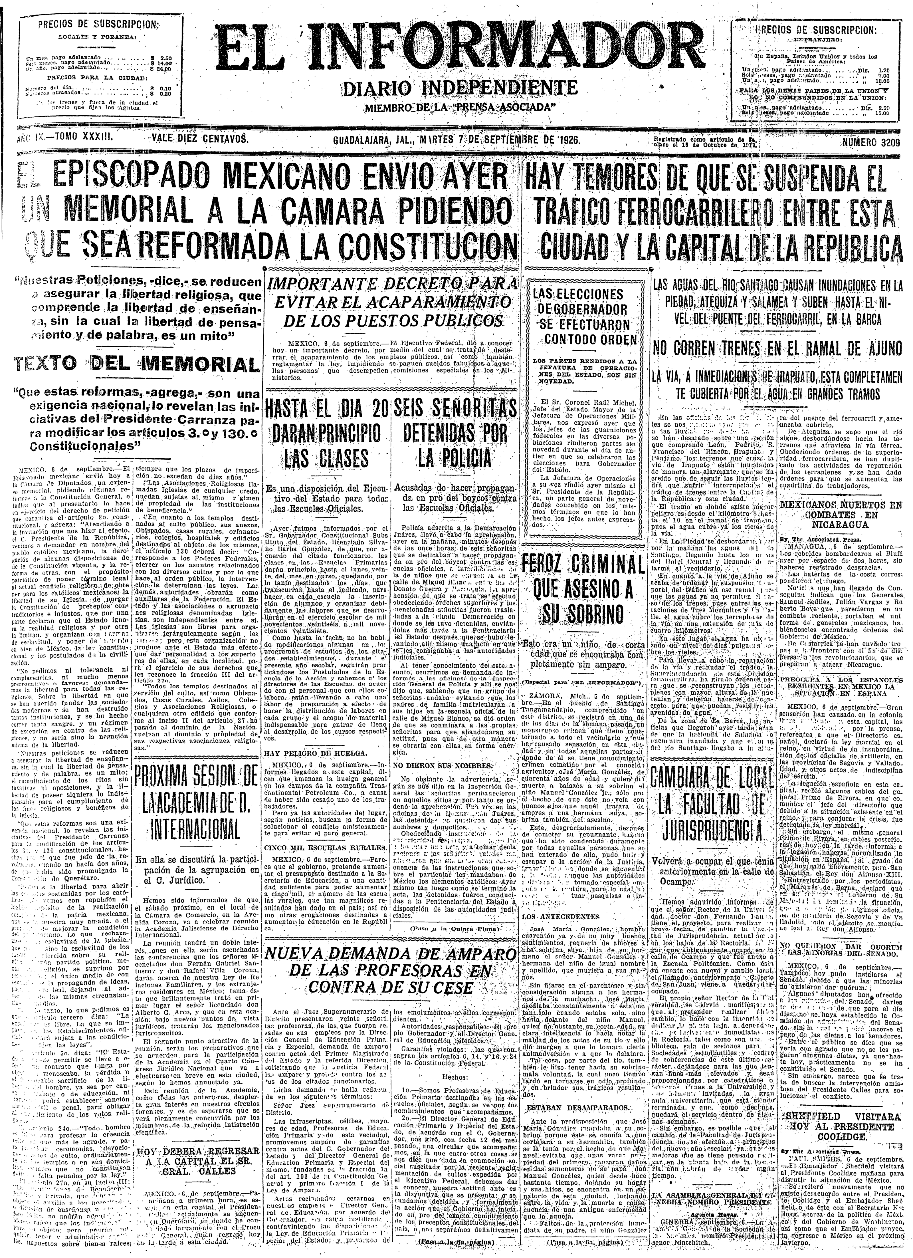 Primera plana de El Informador, 7 de septiembre de 1926