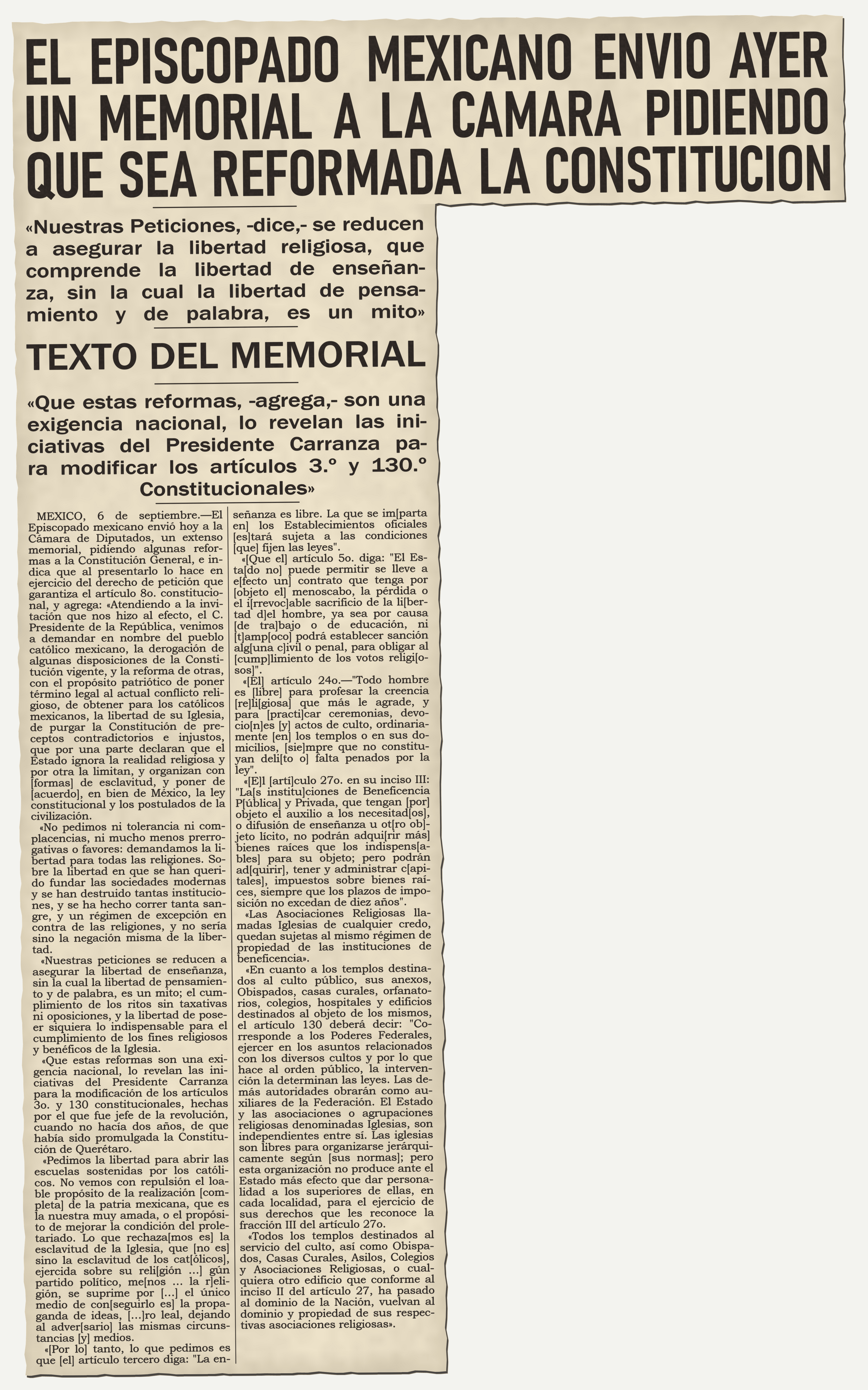 Versión legible: memorial del Episcopado Mexicano a la Cámara de Diputados, 7 de septiembre de 1926