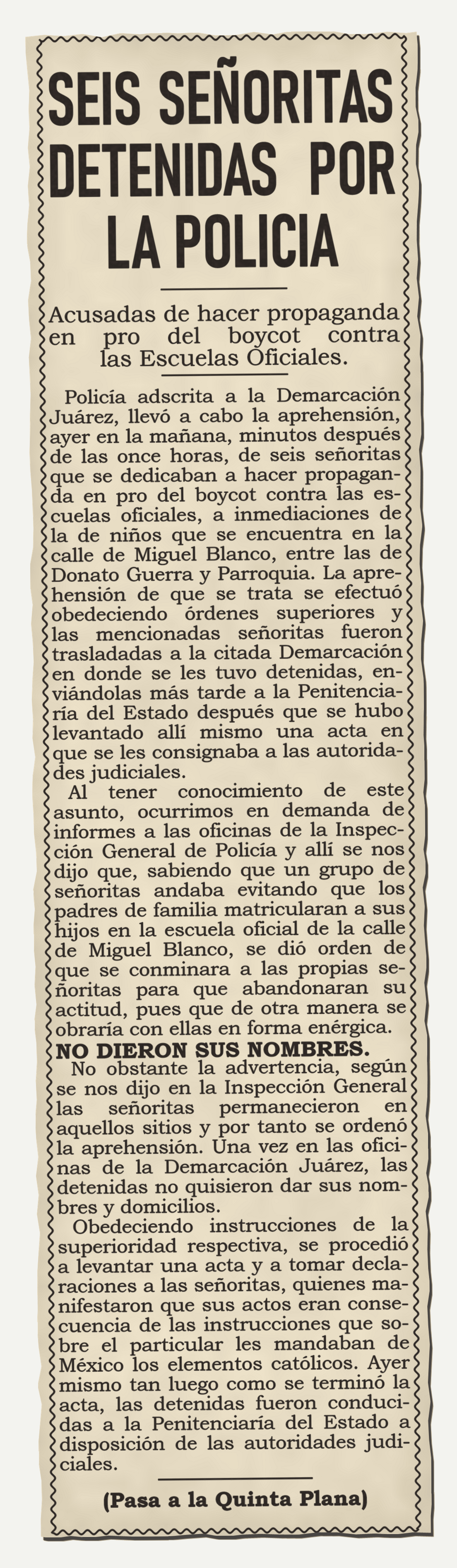 Versión legible: seis señoritas detenidas por la policía en Guadalajara, 7 de septiembre de 1926