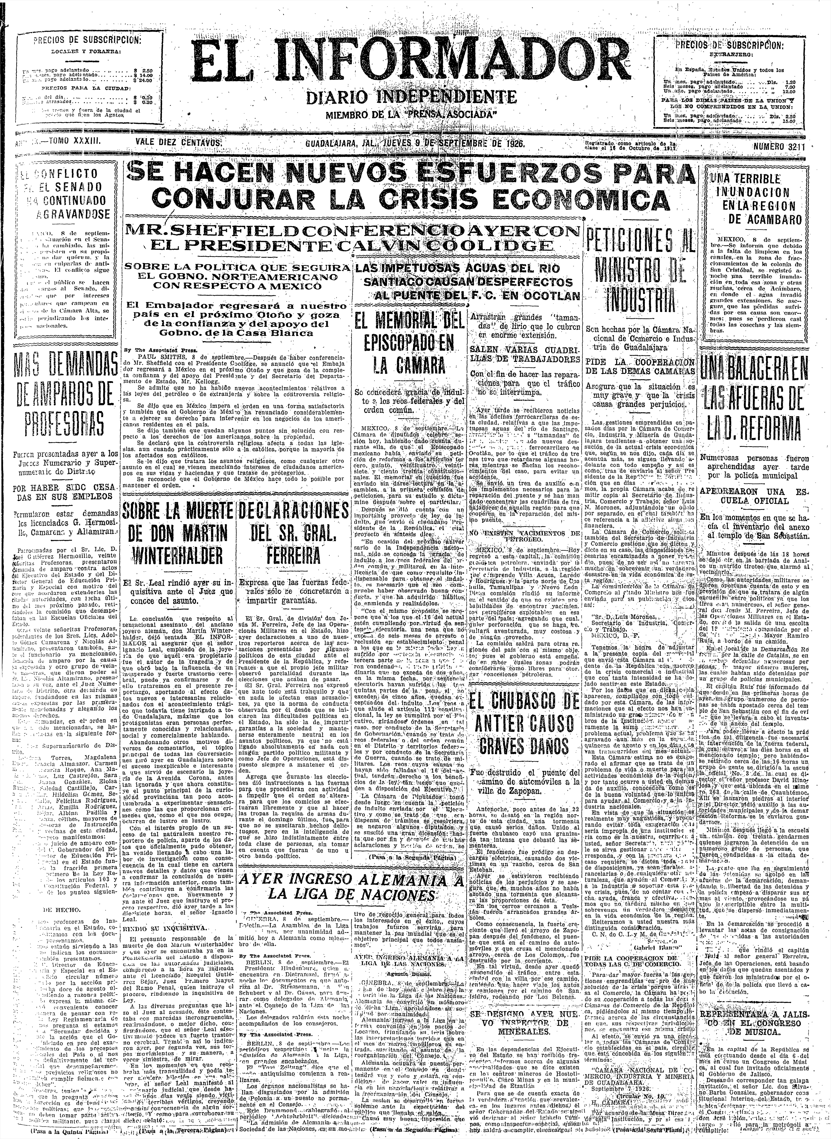 Primera plana de El Informador, 9 de septiembre de 1926