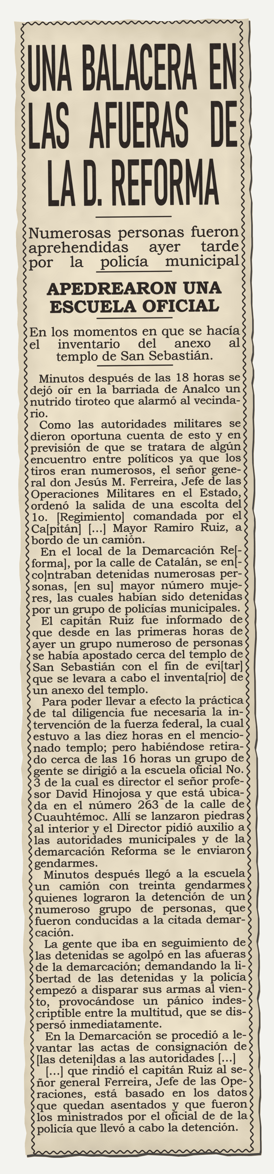 Versión legible: balacera en las afueras de la Demarcación Reforma, 9 de septiembre de 1926